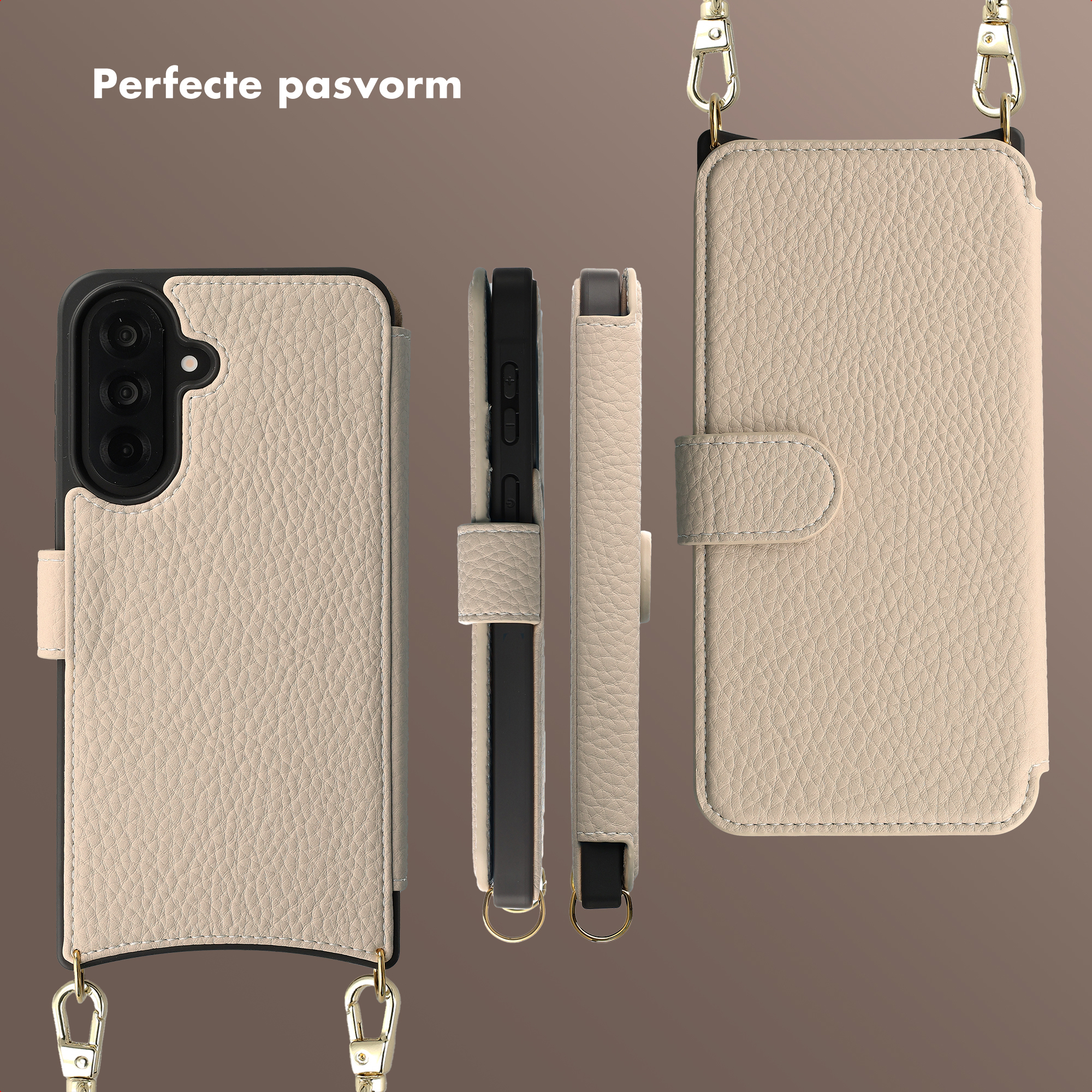 Una custodia per telefono in pelle color crema con laccetto, su sfondo marrone.