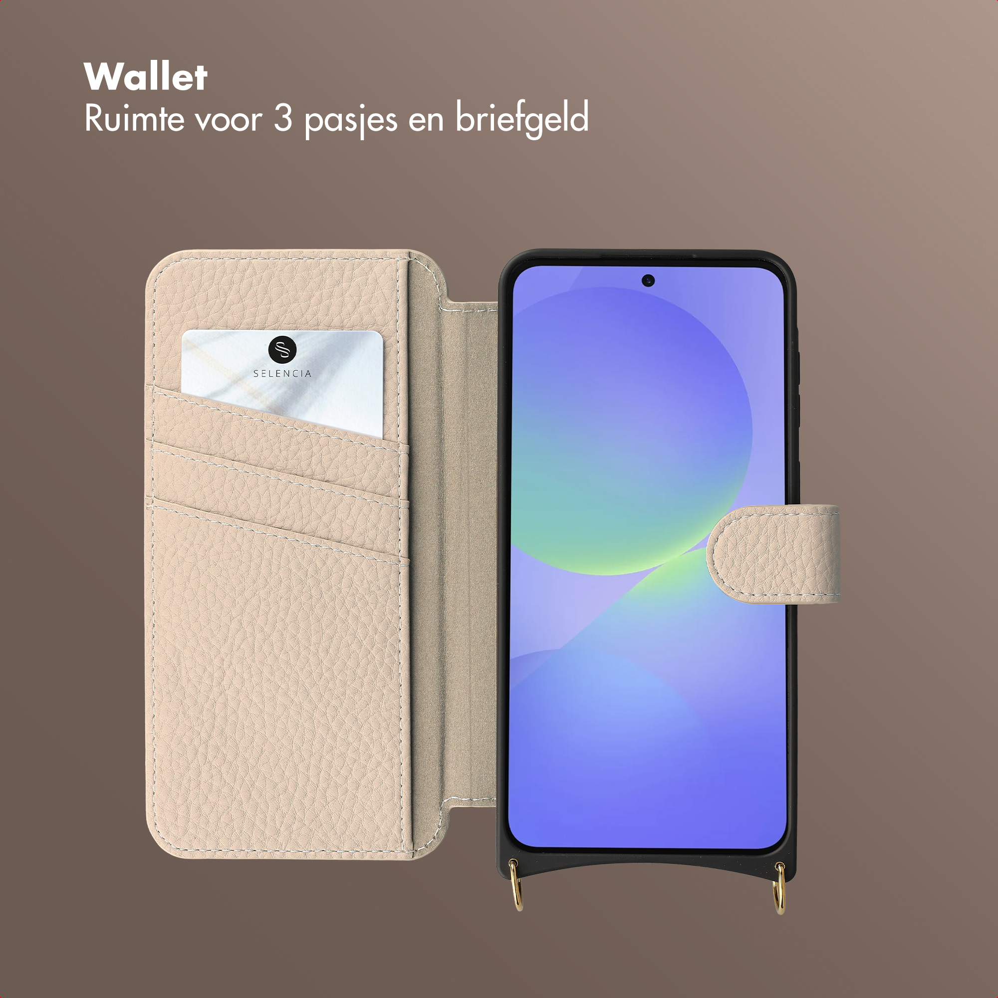 Custodia per telefono beige con slot per carte e uno smartphone.