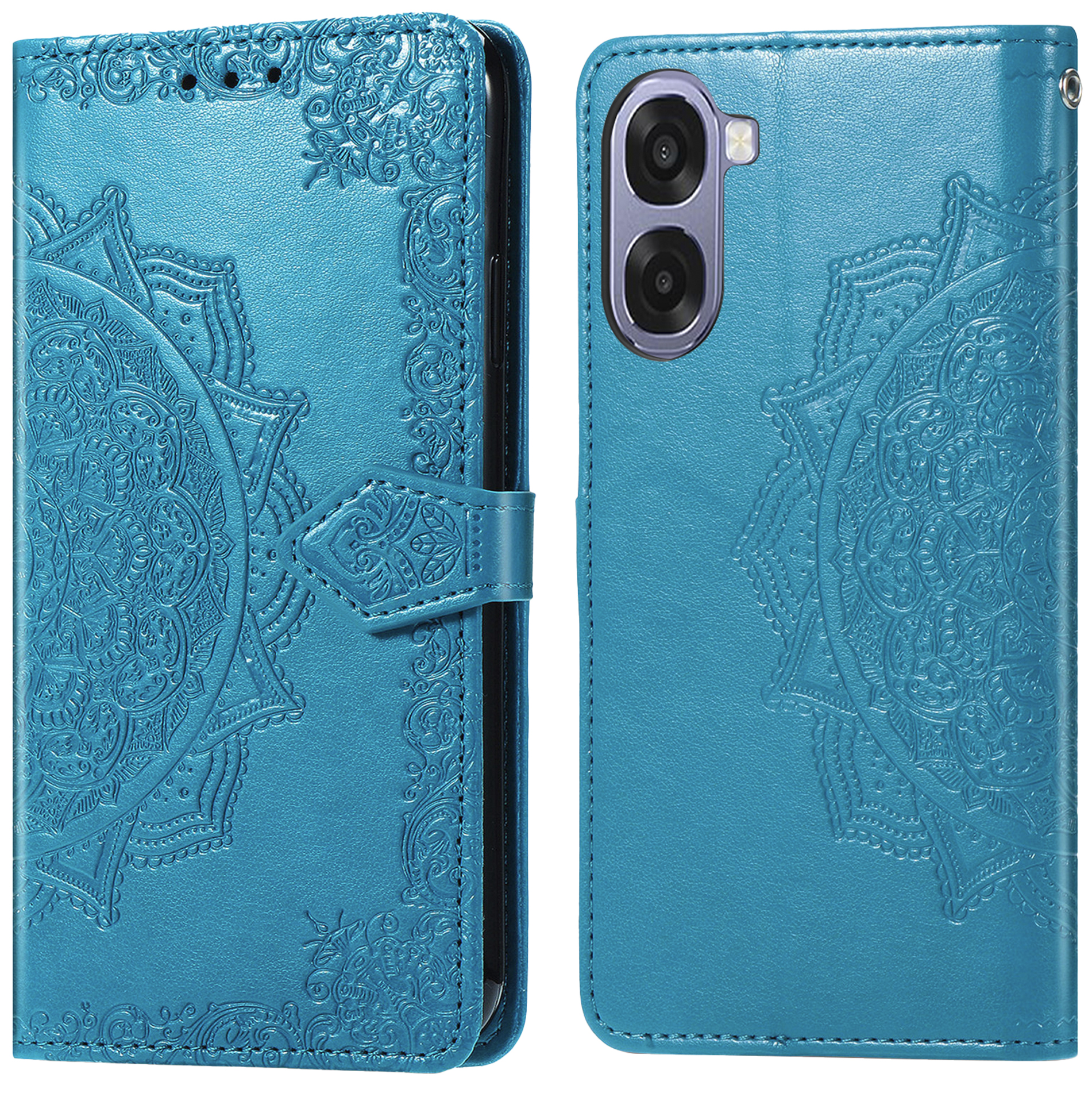 Un étui de téléphone bleu avec un motif de mandala et deux trous pour appareil photo.