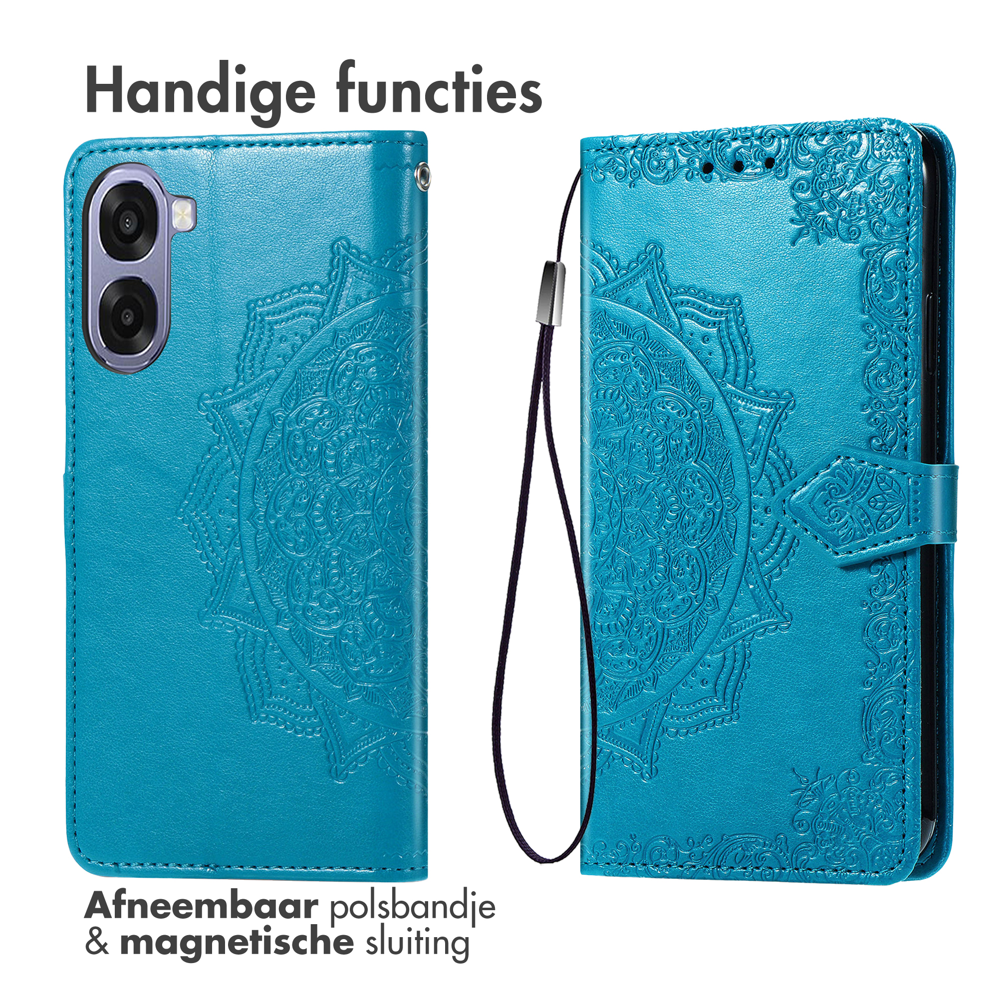Un étui de téléphone bleu avec motif mandala en relief, dragonne amovible et fermeture magnétique.