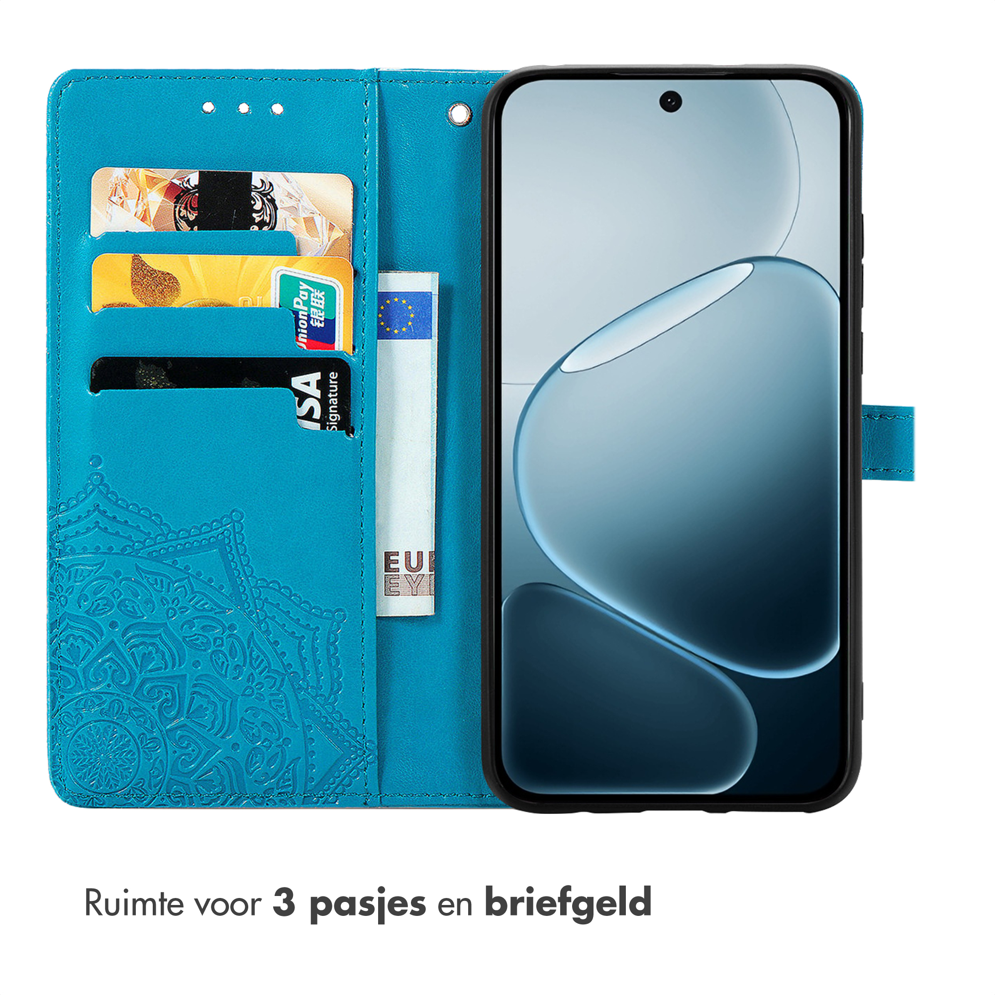 Étui de téléphone bleu avec fentes pour cartes et motif en relief. Un téléphone est inséré.