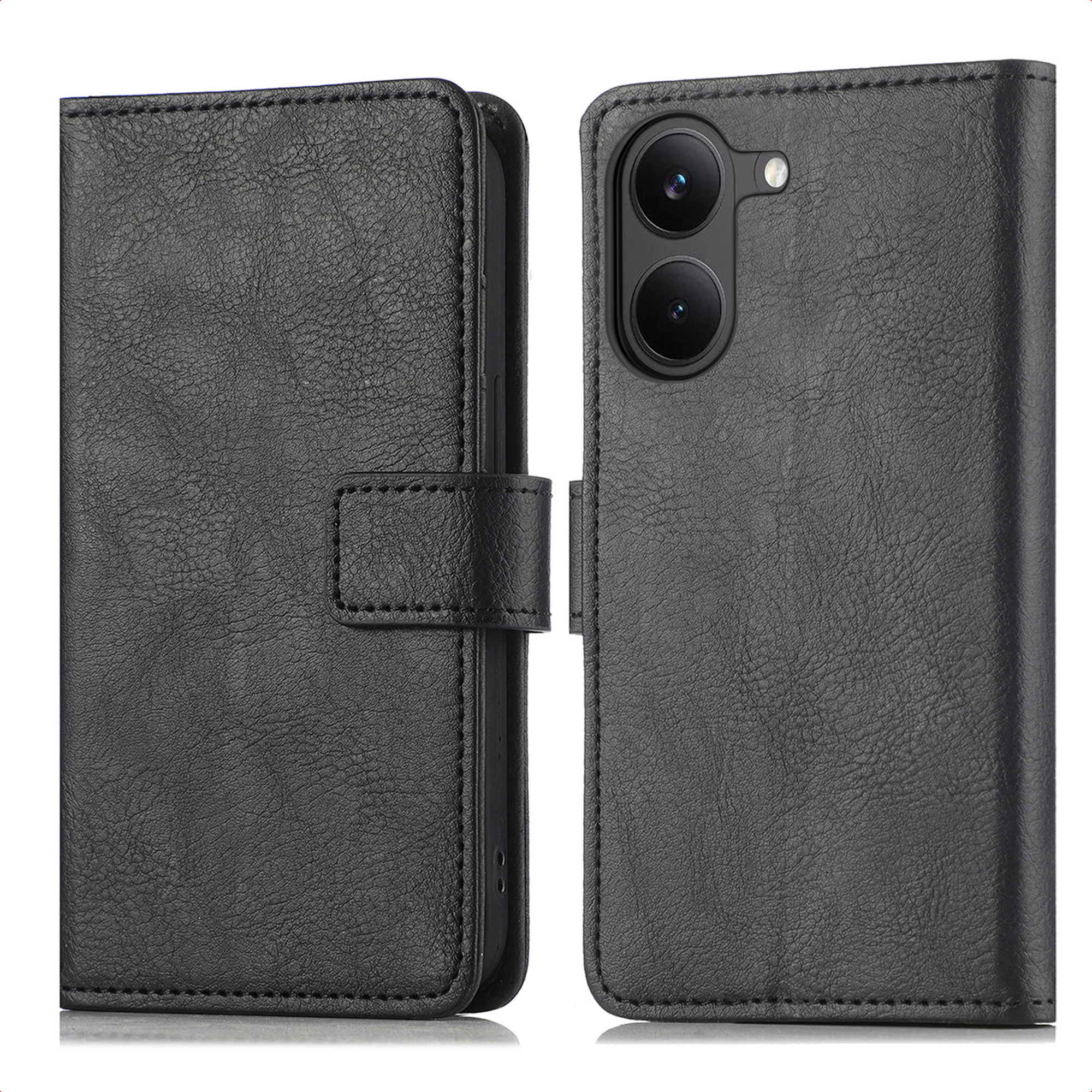 Étui à rabat en cuir noir pour smartphone avec double objectif.