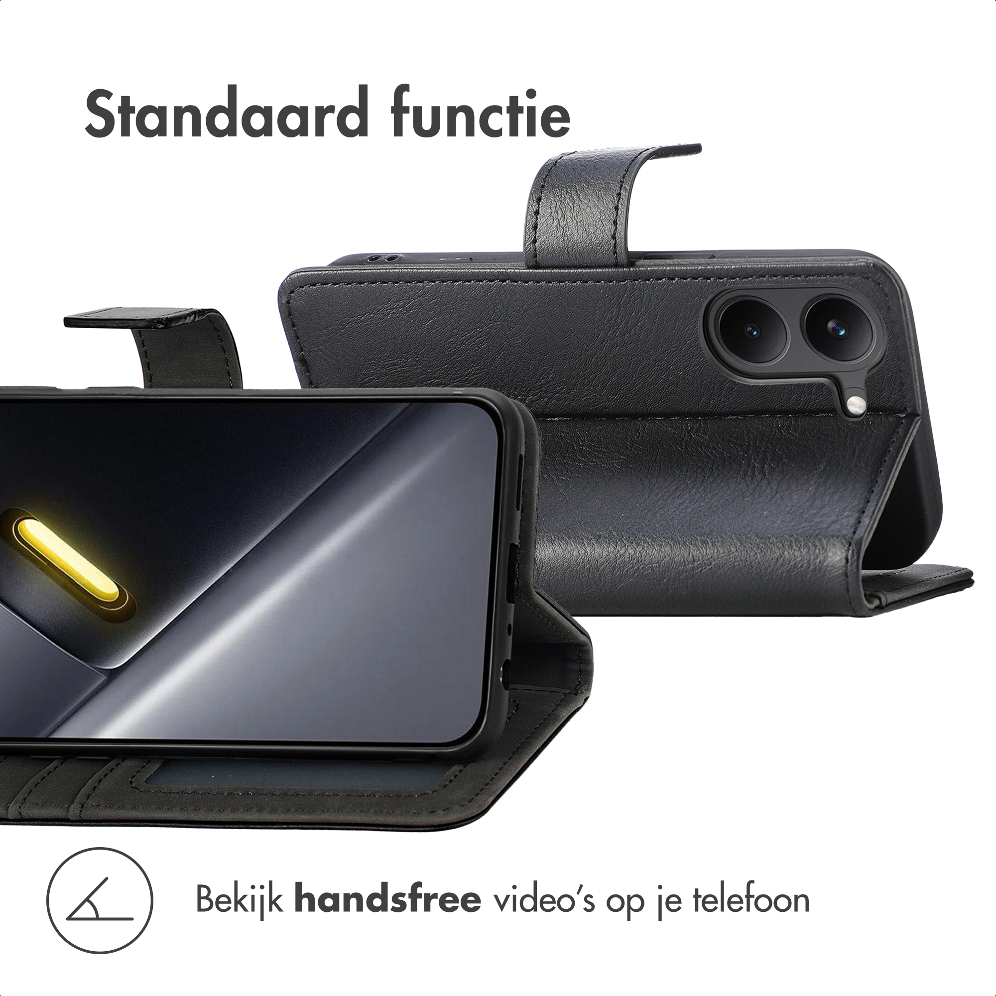 Étui de téléphone en cuir noir ouvert montrant l'écran et le module caméra.