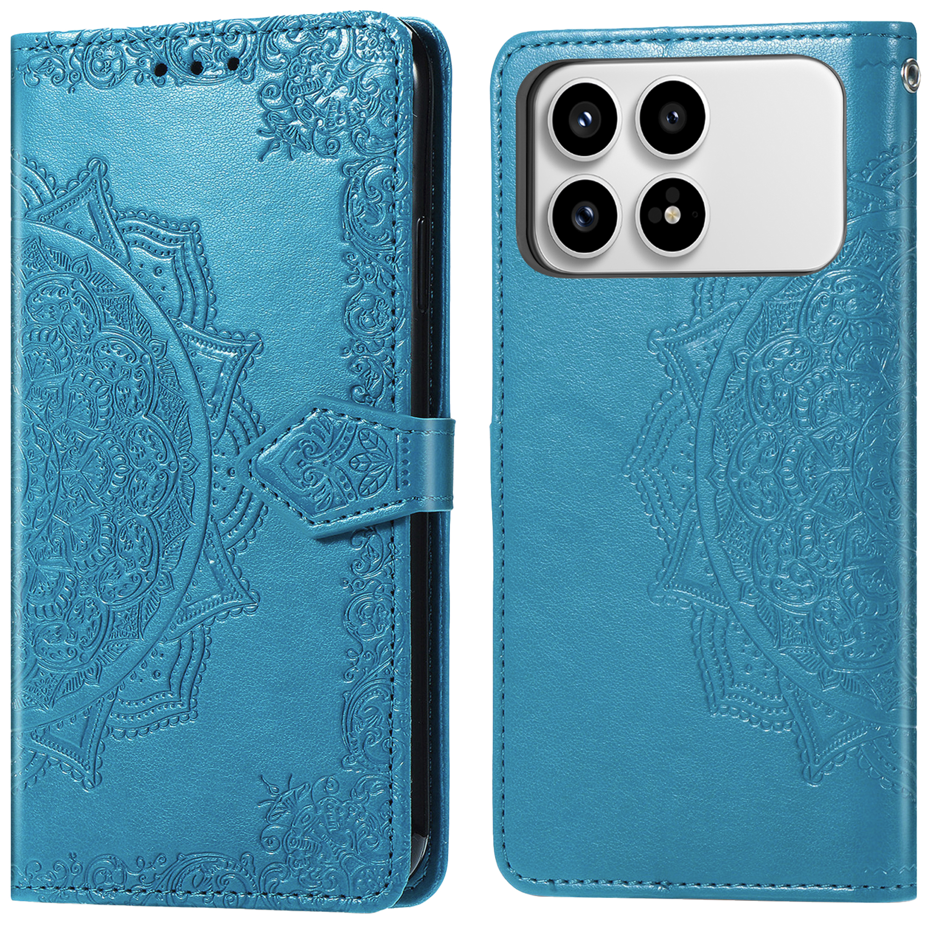 Een turquoise leren telefoonhoesje met reliëf mandala patroon, open en gesloten.