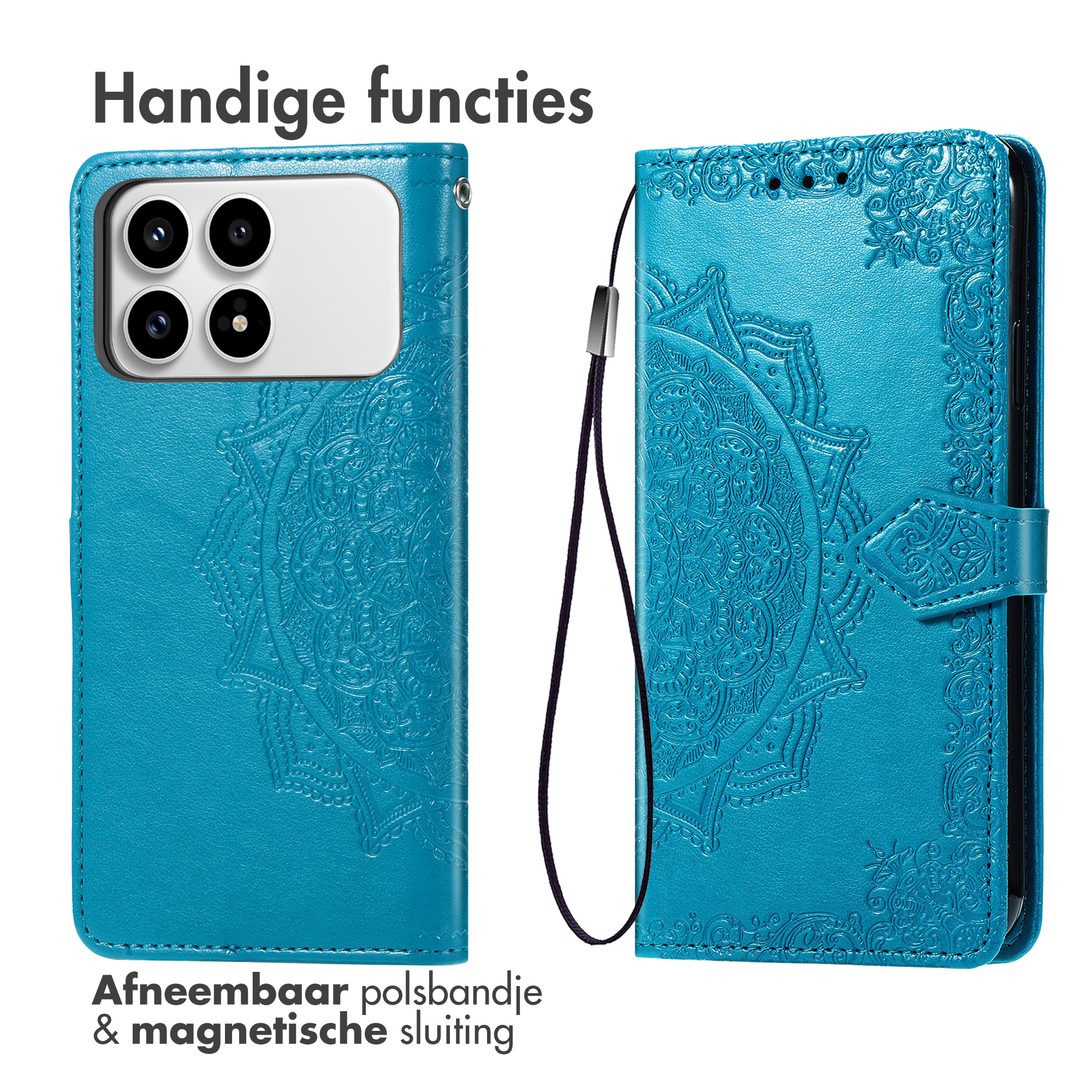 Turquoise telefoonhoes met mandala-patroon, camera-uitsparing en polsbandje.