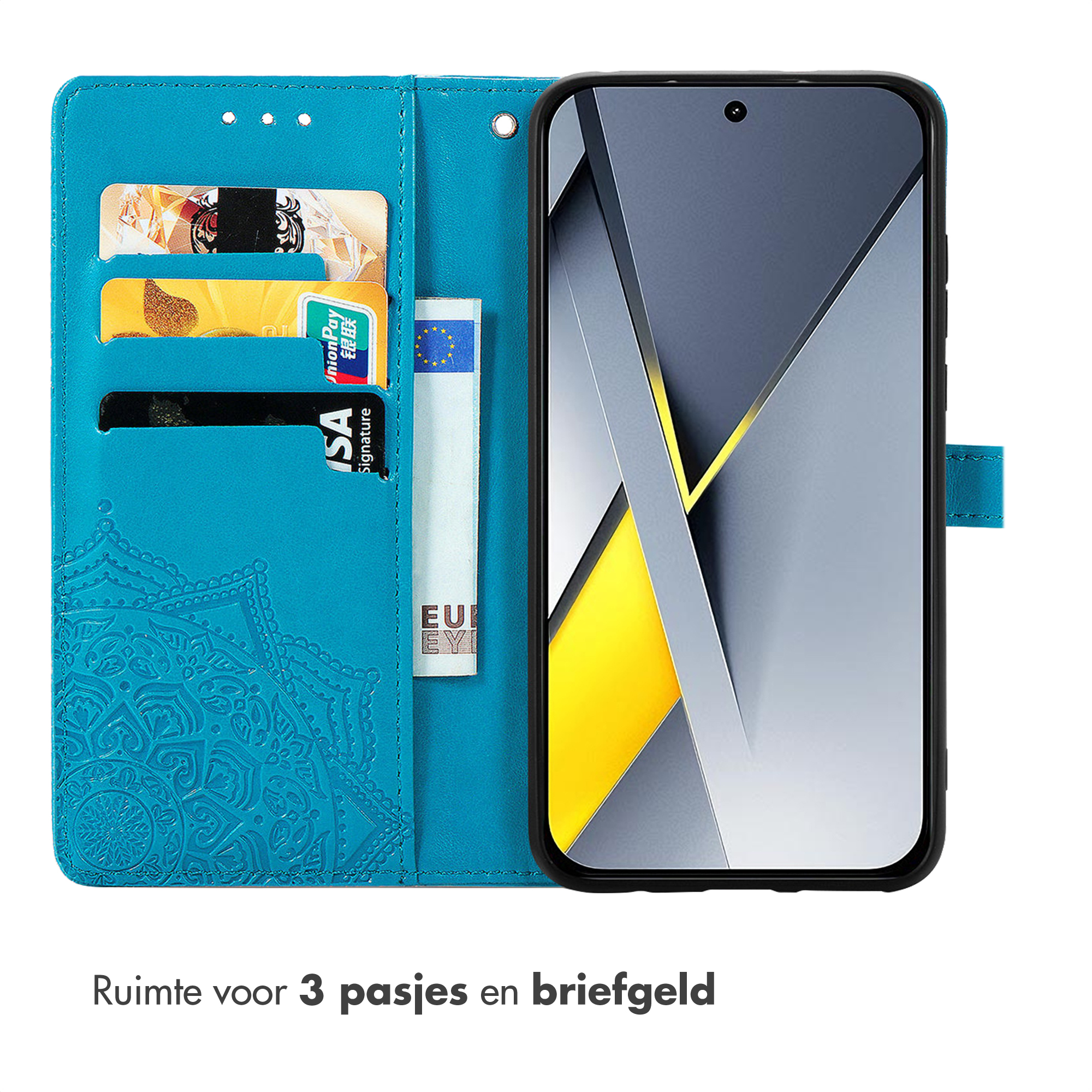 Turquoise telefoonhoesje met kaartsleuven en geldvak, met mandala-patroon.