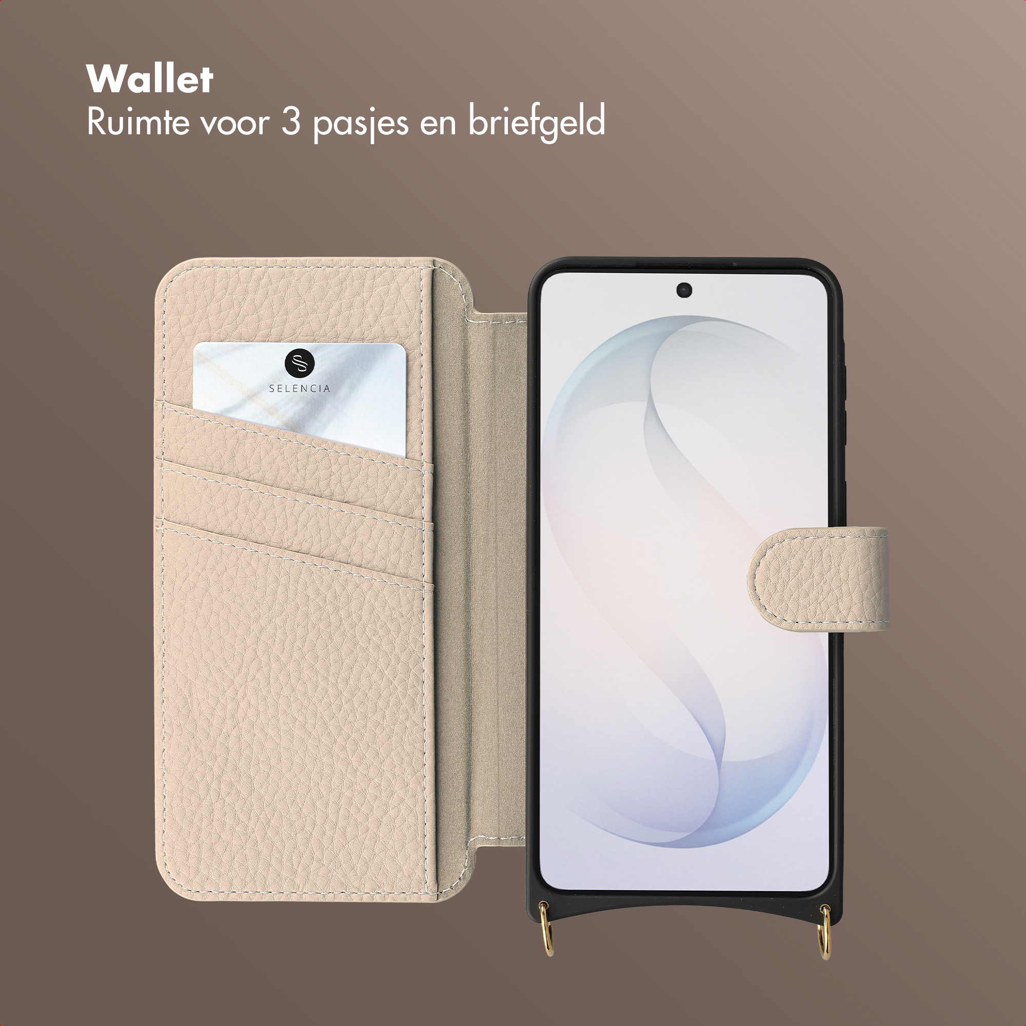 Un portafoglio beige chiaro con scomparti per carte e uno smartphone.
