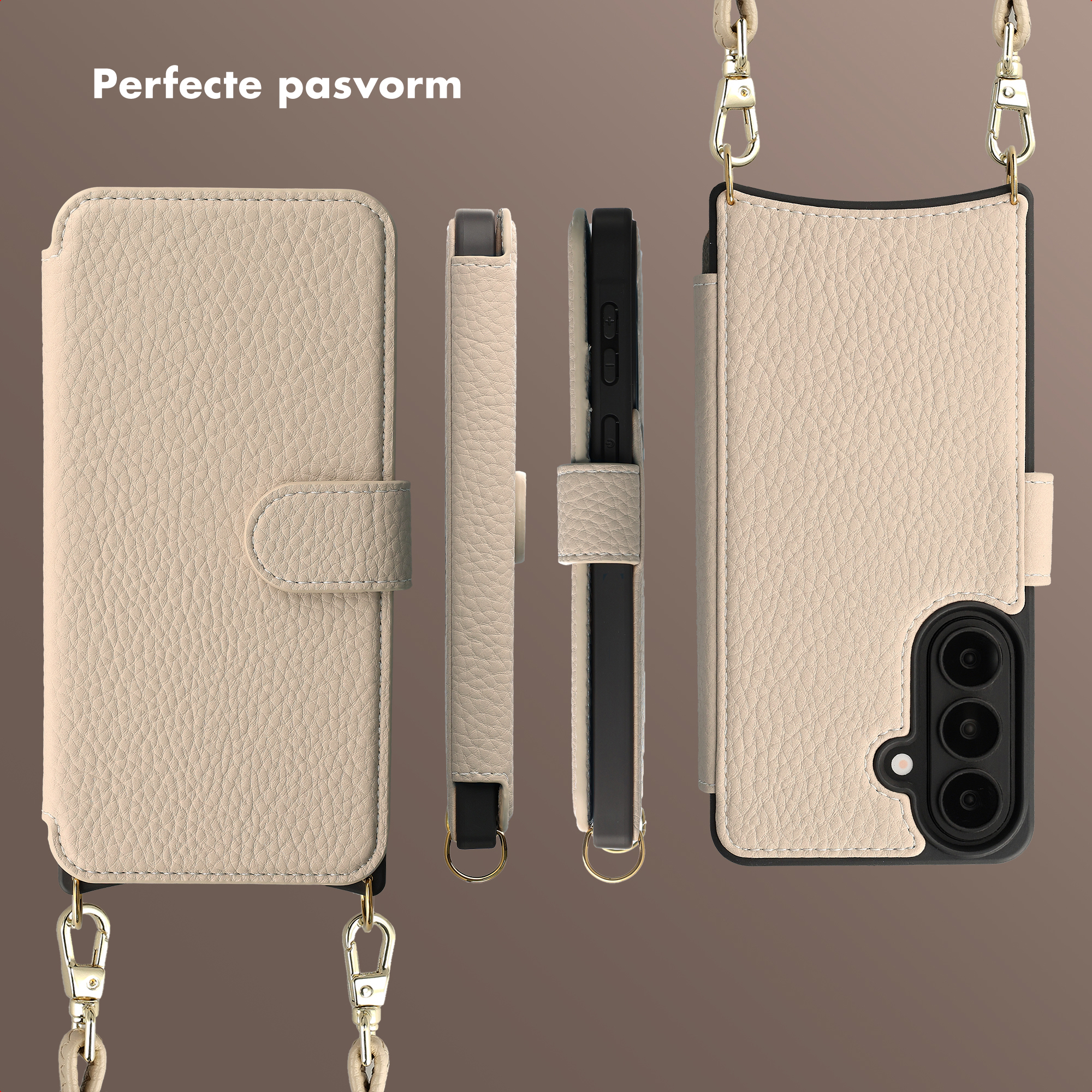 Una custodia in pelle beige per telefono con bottoni automatici e cinghie, mostrata da diverse angolazioni.