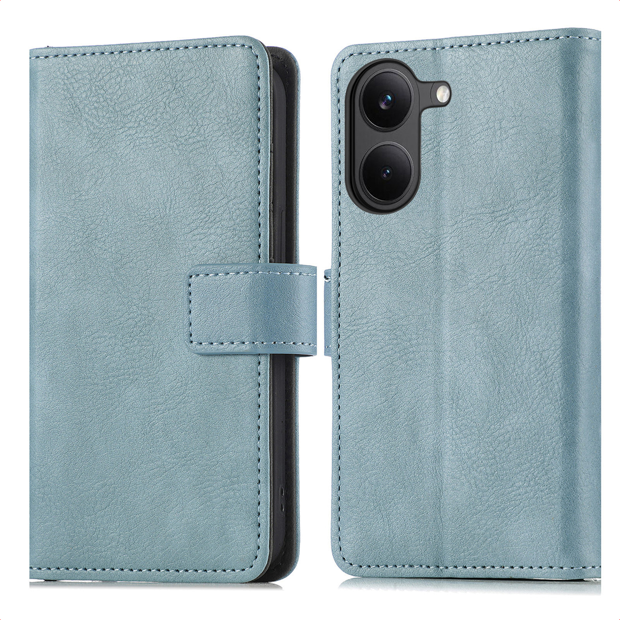 Étui de téléphone bleu clair avec système de caméra et fermeture à boucle.