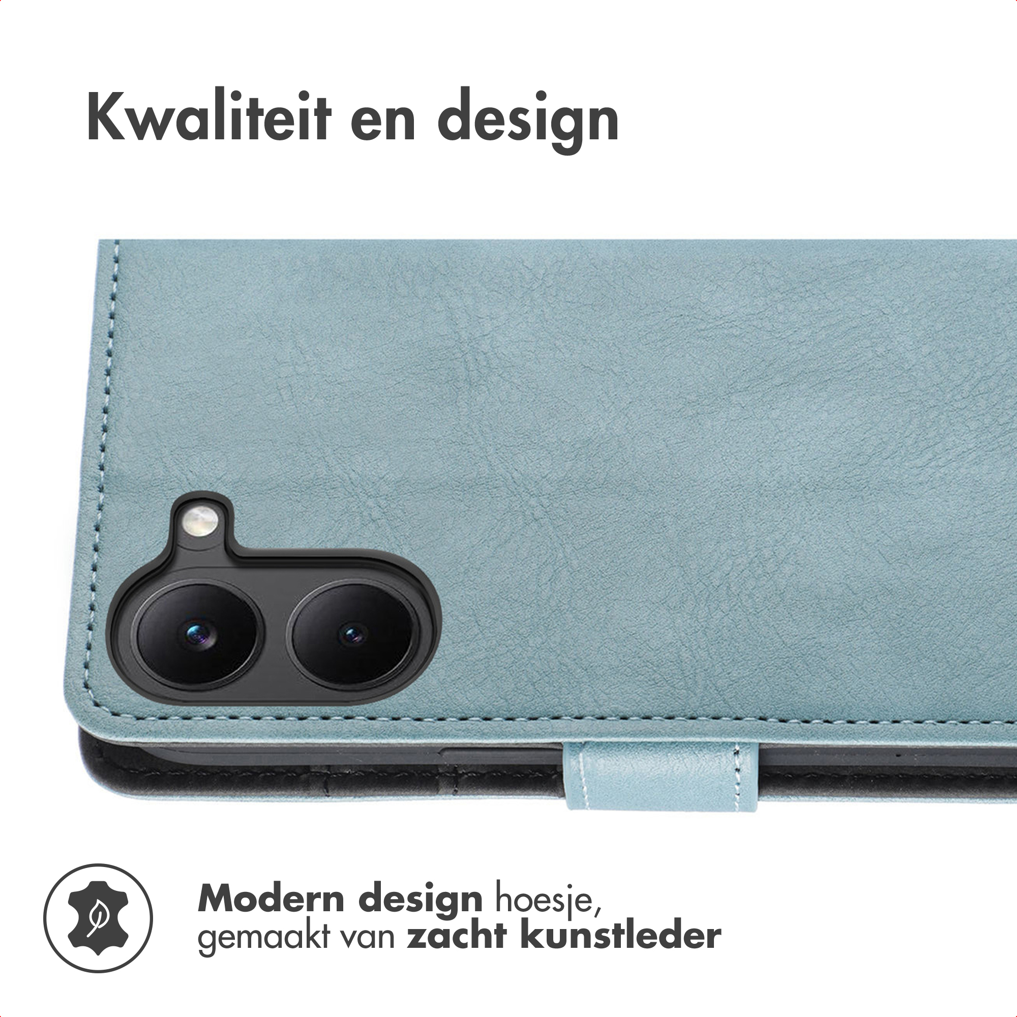 Étui de téléphone bleu clair avec découpe double caméra et coutures.
