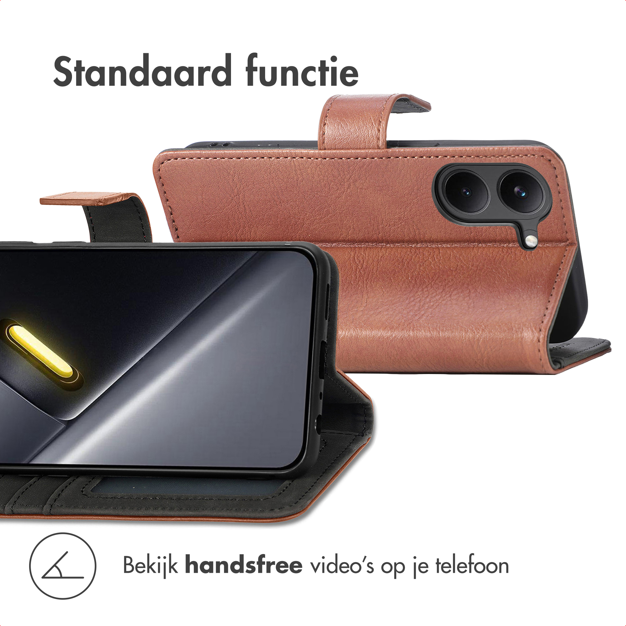 Bruine telefoonhoes met standaardfunctie, toont de telefoon schuin.