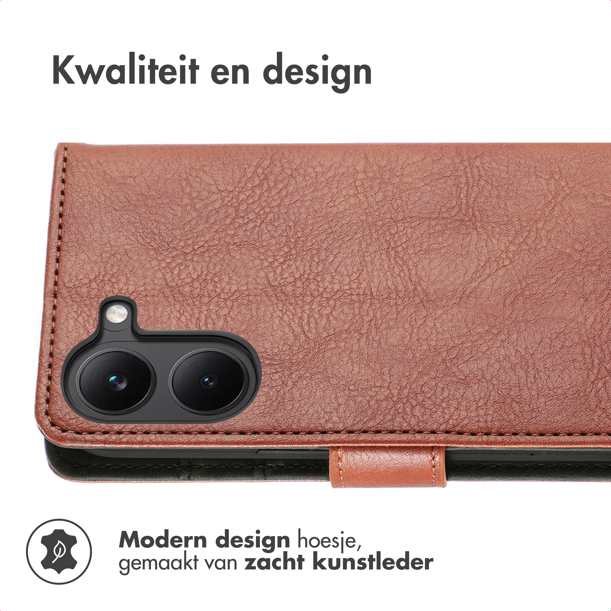 Bruine kunstleren telefoonhoes met camera-uitsparing en tekst.