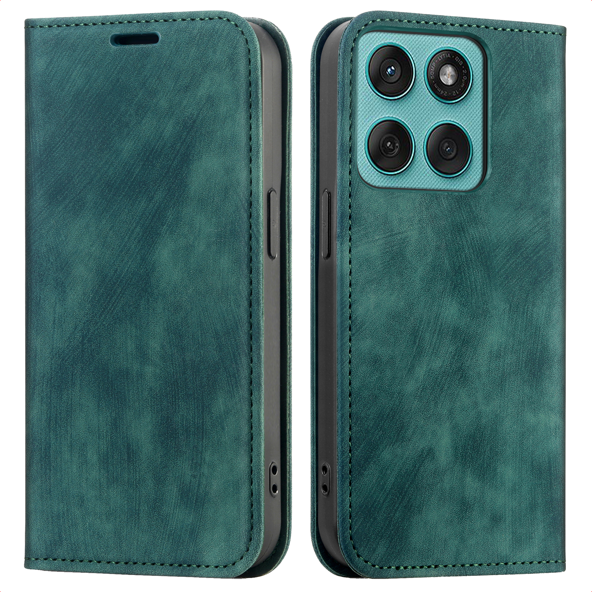 Étui de téléphone vert, ouvert, montrant quatre caméras au dos.