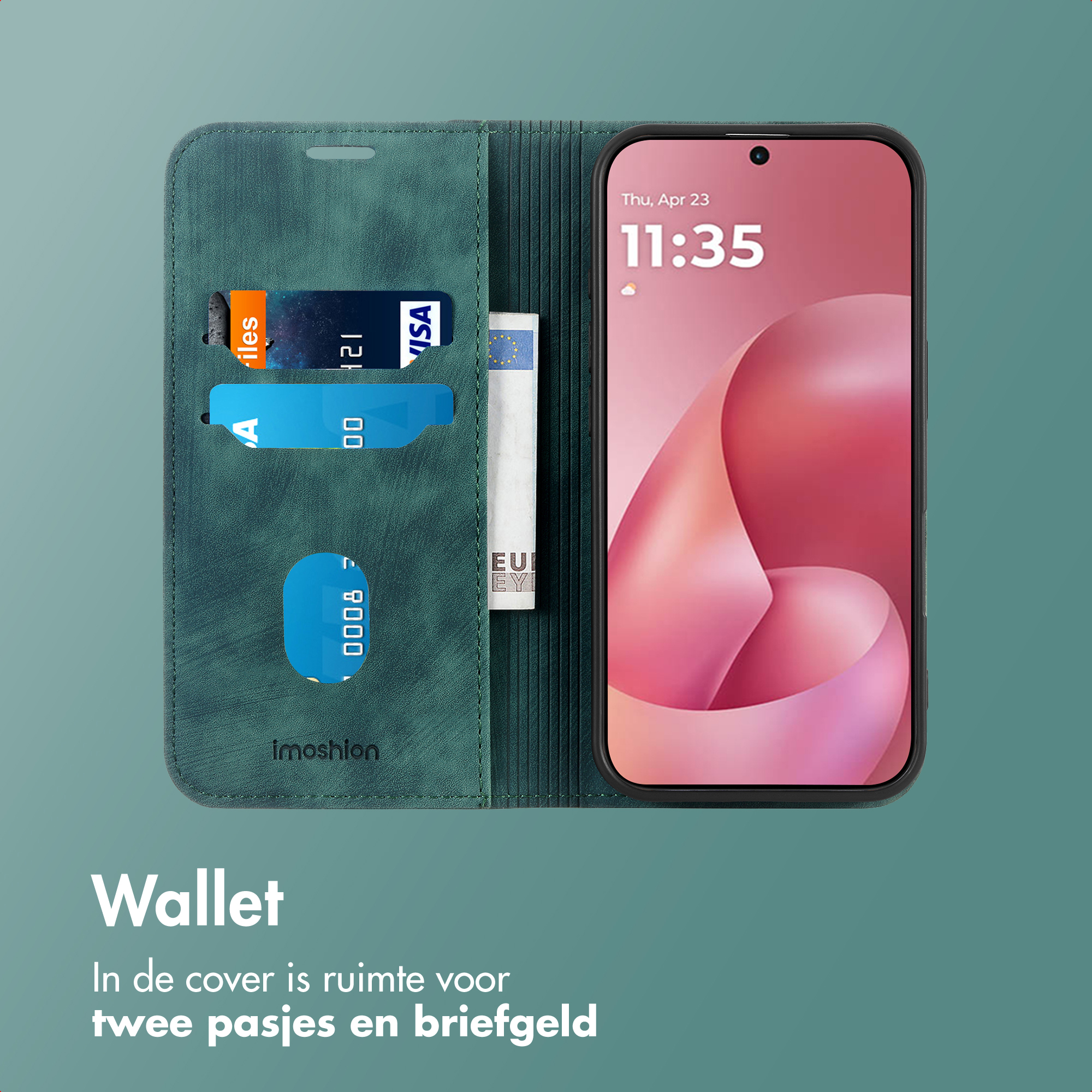 Un portefeuille bleu sarcelle avec téléphone et fentes pour cartes.