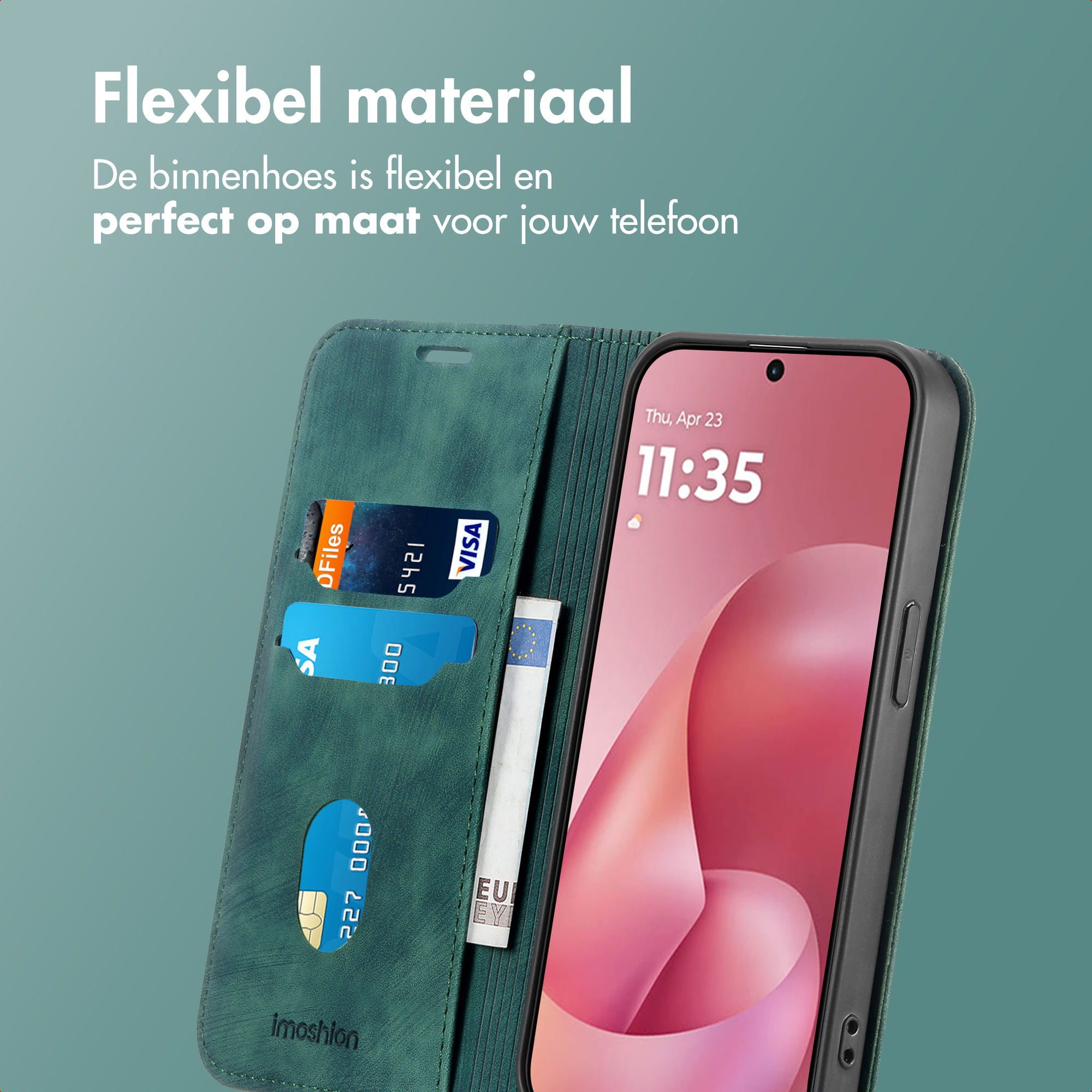 Étui de téléphone vert avec fentes pour cartes et billet en euros, affichant 11h35.