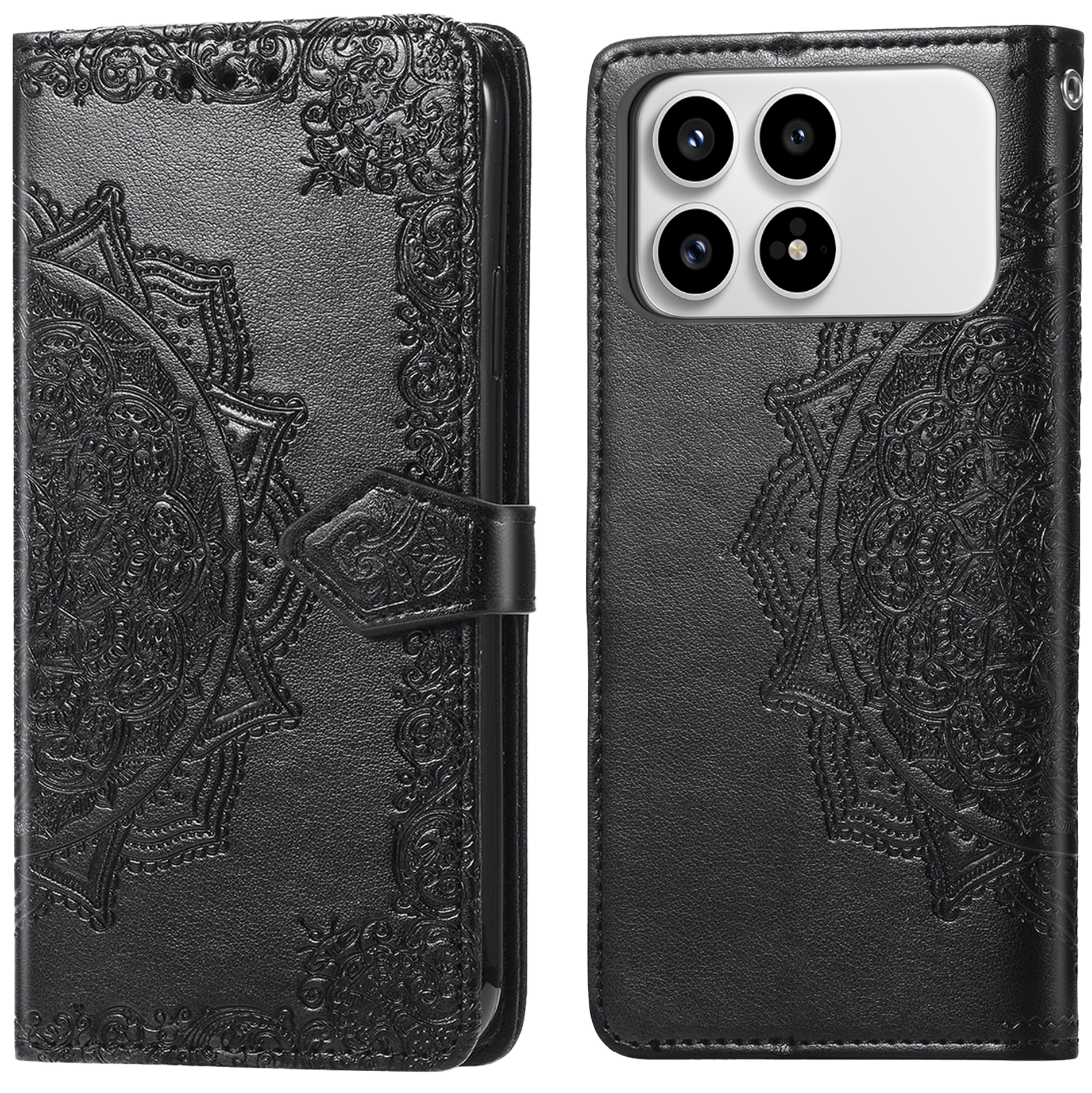 Zwarte leren flipcase met reliëfmandalamotief en camerauitsnijding.