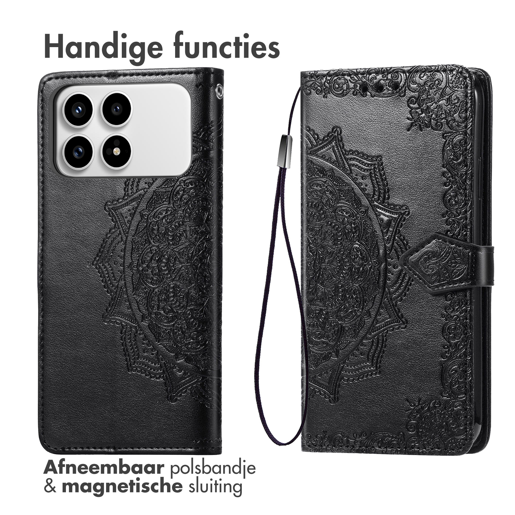 Zwarte telefoonhoes met reliëf mandala, afneembaar polsbandje en magnetische sluiting.