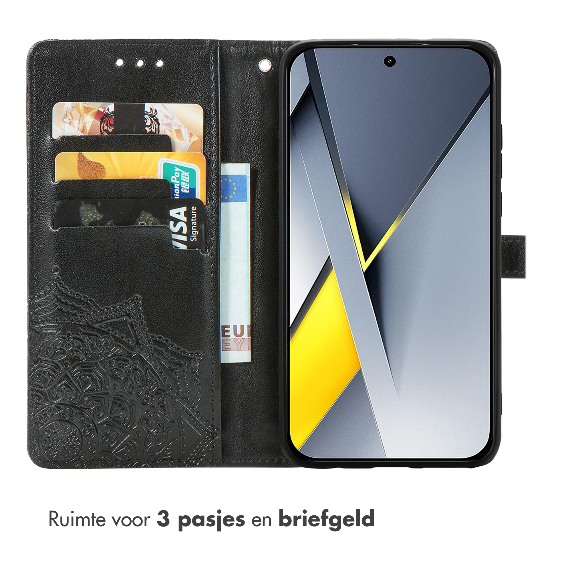 Zwart telefoonhoesje met kaarthouders en telefoonscherm.