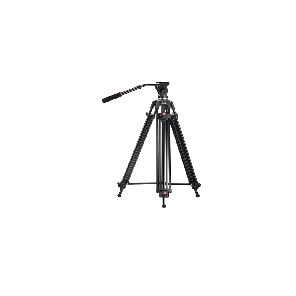 Üç ayaklı, döner başlıklı siyah kamera tripod.