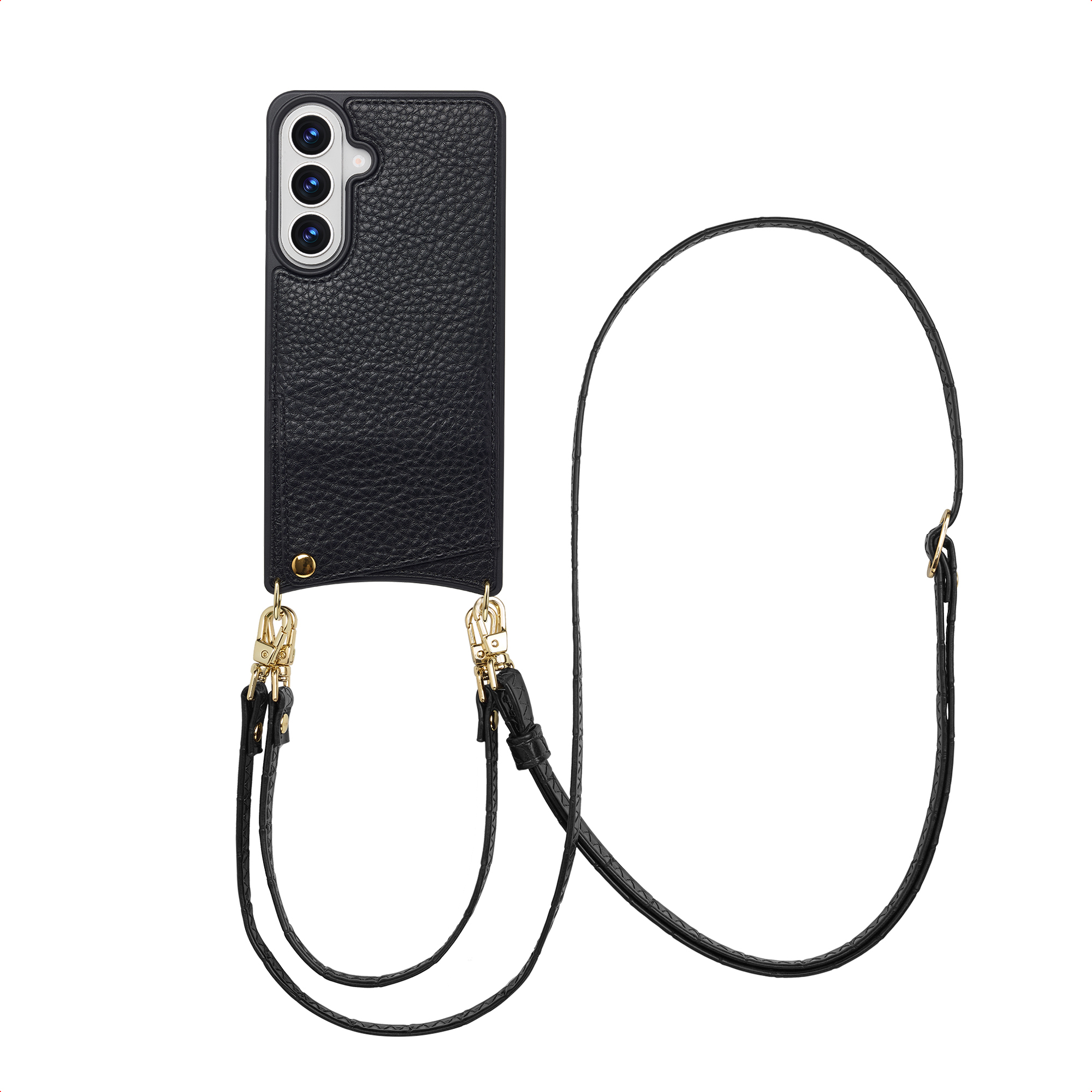 Coque de téléphone noire avec découpe caméra et dragonne. Quincaillerie dorée.