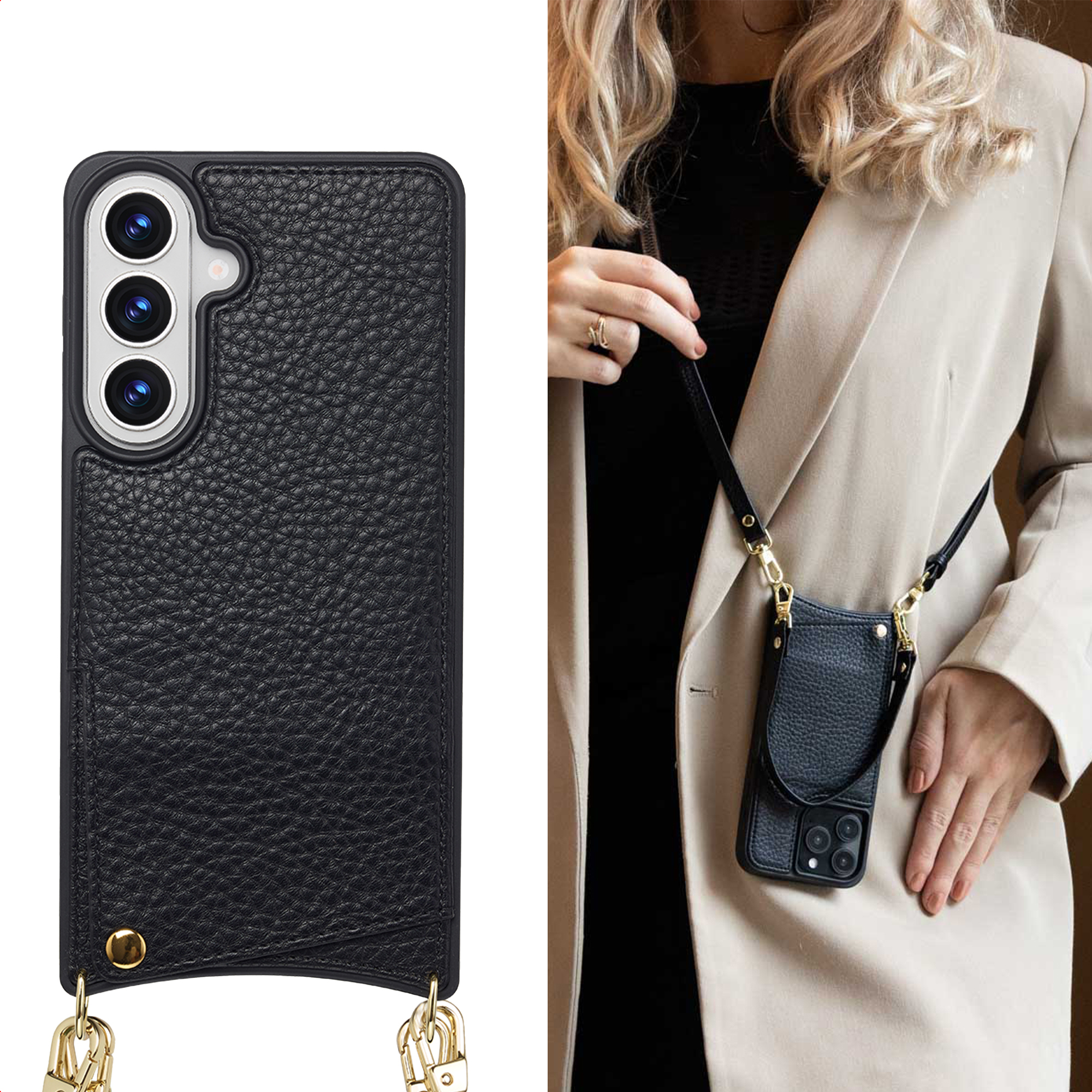 Coque de téléphone noire en cuir avec bandoulière et chaîne, portée par une femme.