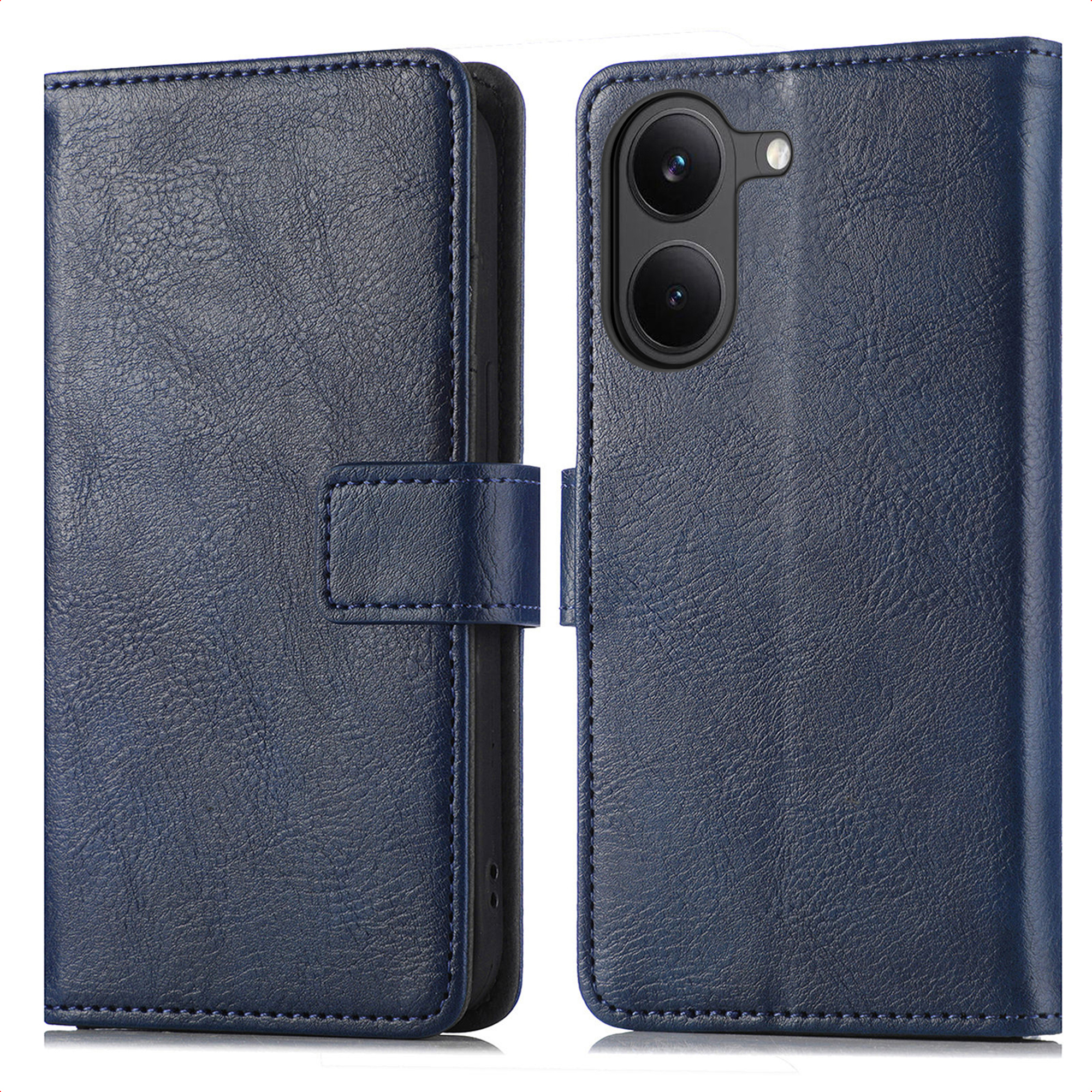Étui en cuir bleu foncé pour smartphone à deux caméras.