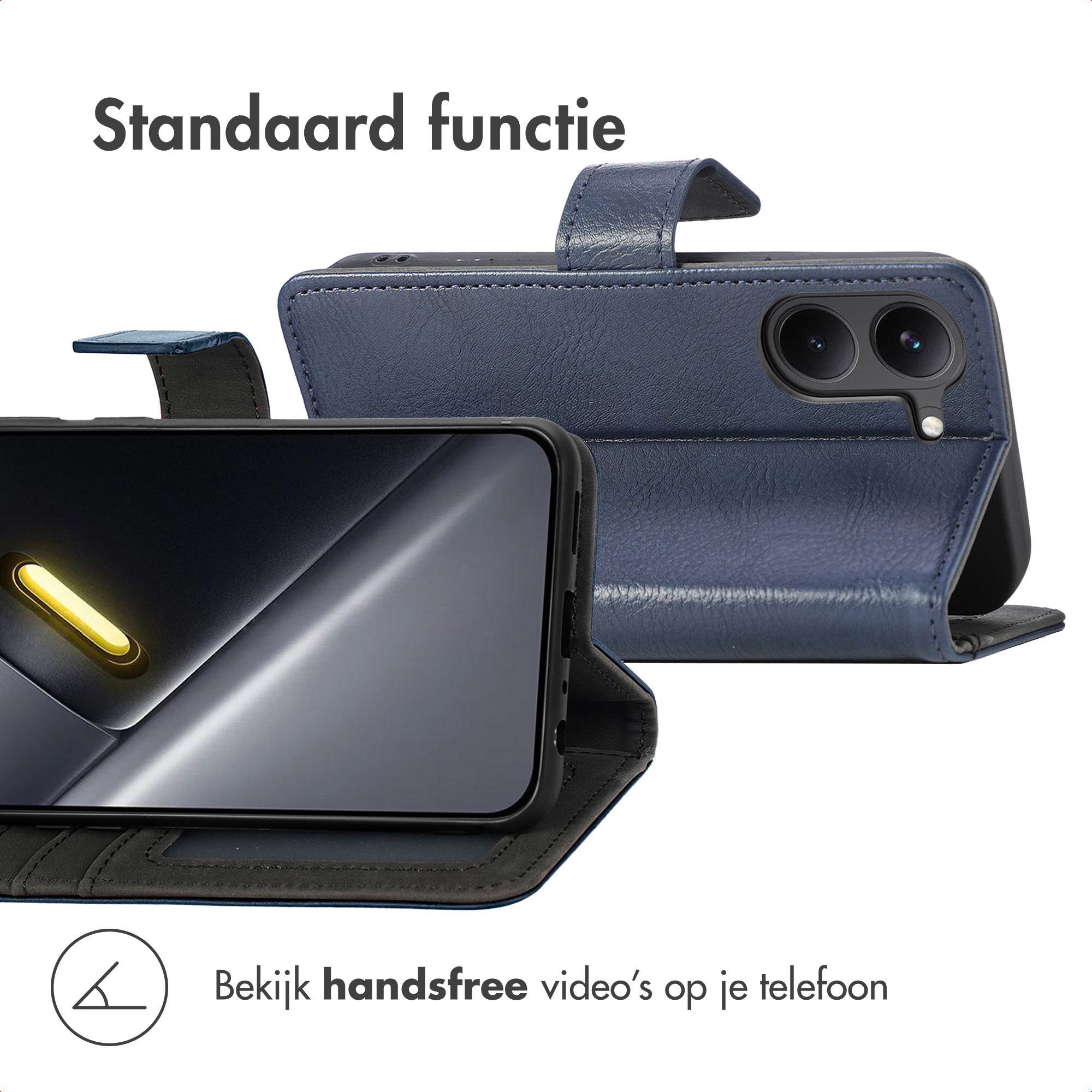 Un étui de téléphone bleu avec fonction de support tenant un smartphone.