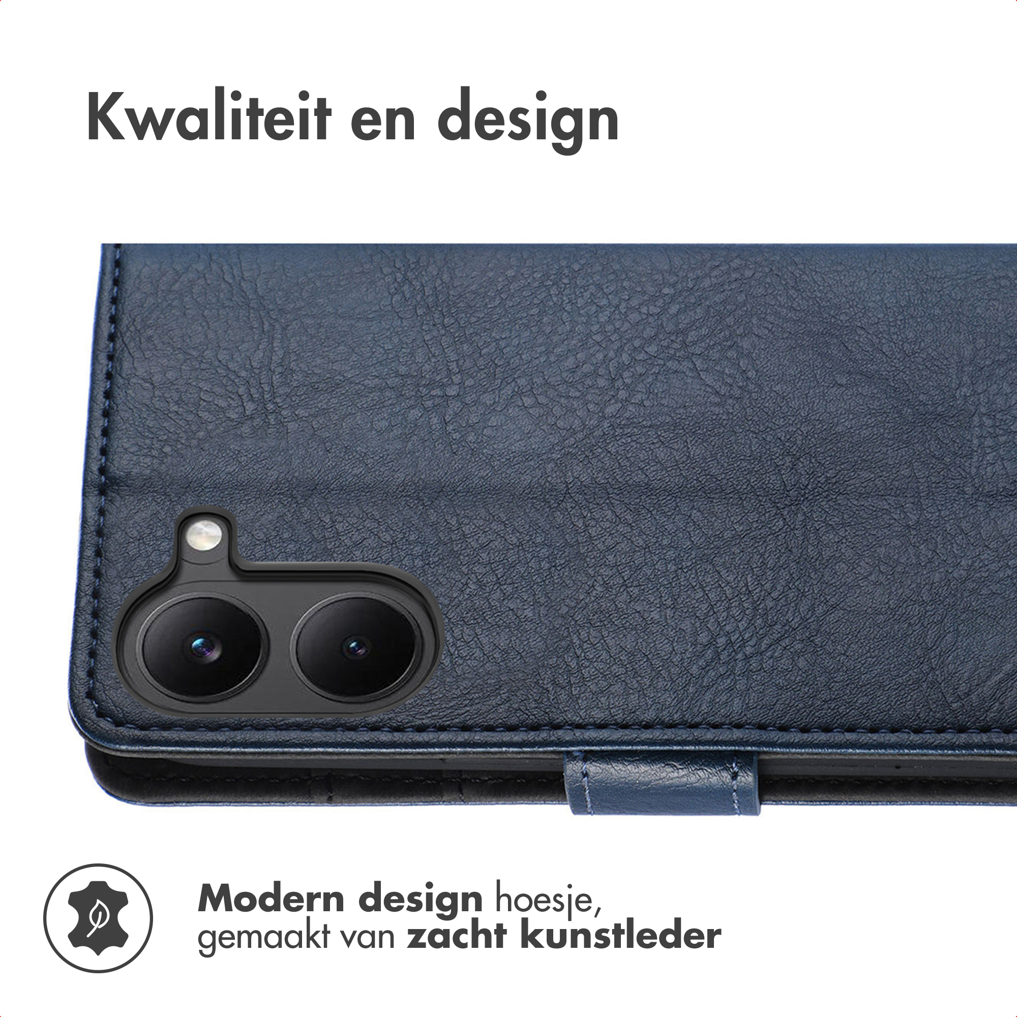Étui de téléphone bleu marine en similicuir avec deux objectifs de caméra.