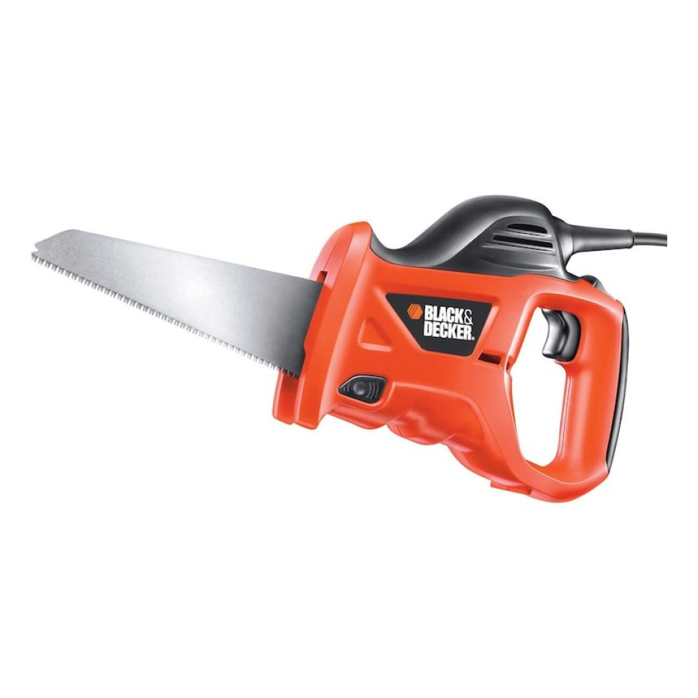 Pomarańczowo-czarna piła szablasta z metalowym brzeszczotem i logo BLACK & DECKER.