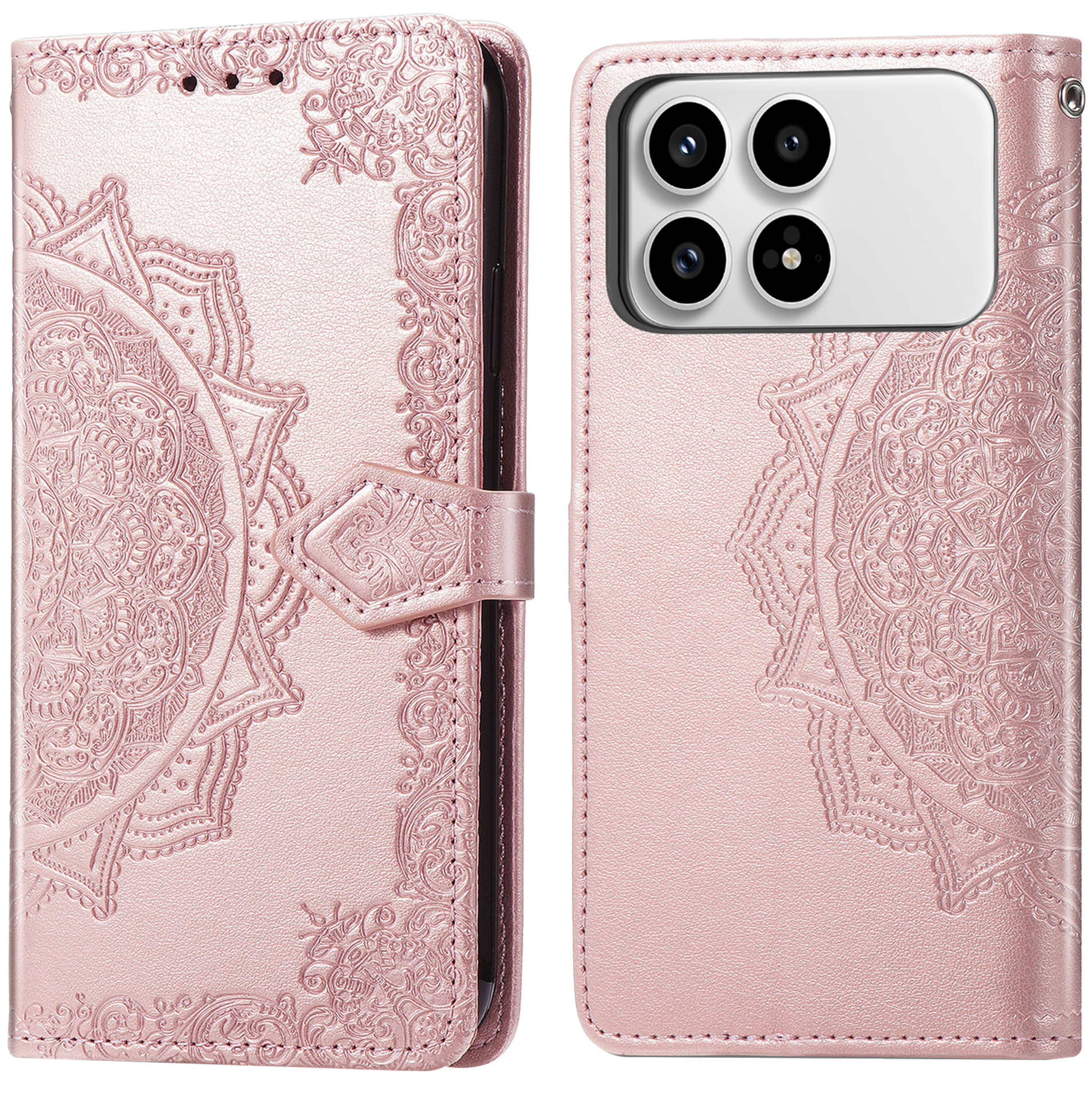 Een roze telefoonhoesje met mandalapatroon en camera-uitsparing.