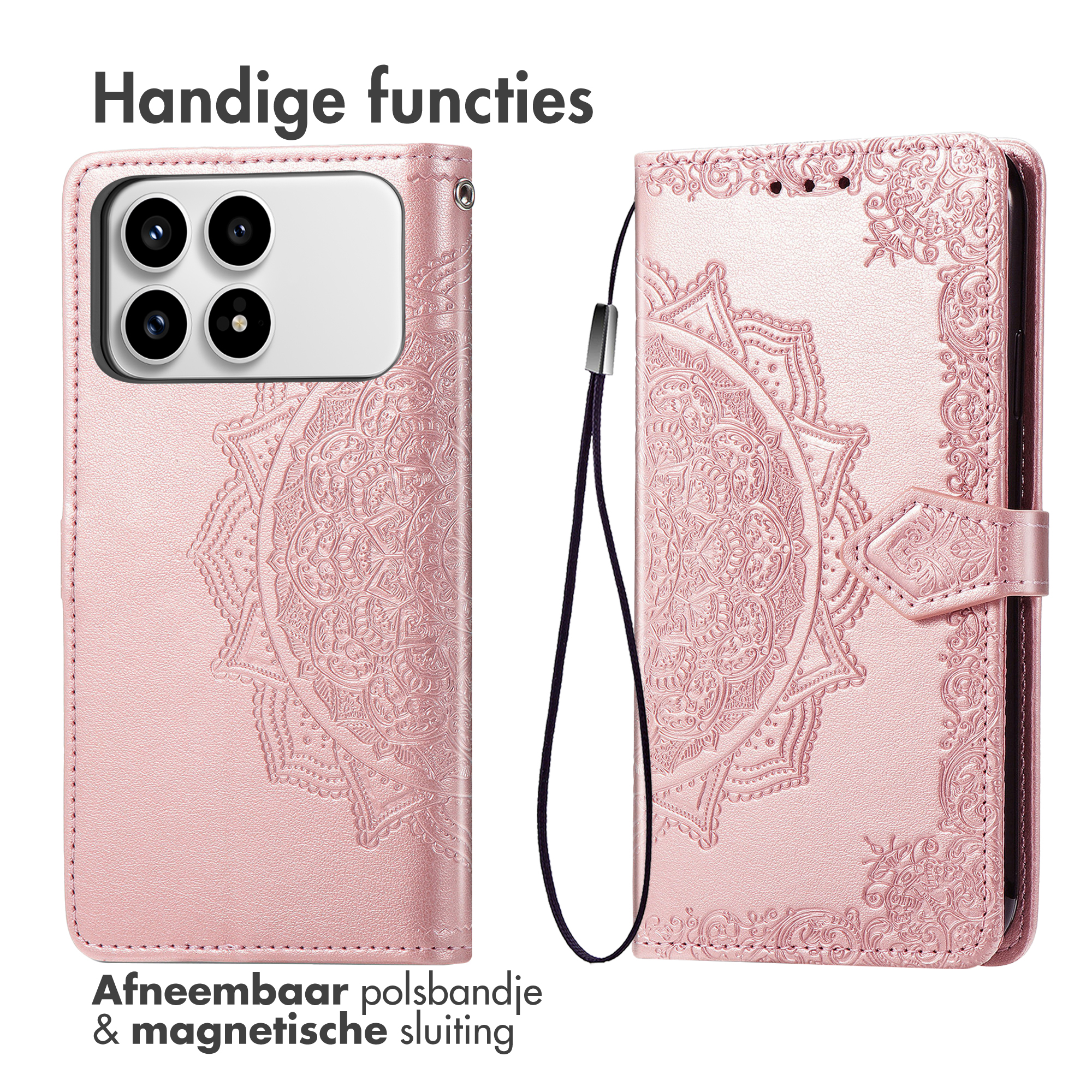 Een roze telefoonhoes met mandala-reliëf en afneembare polsband.