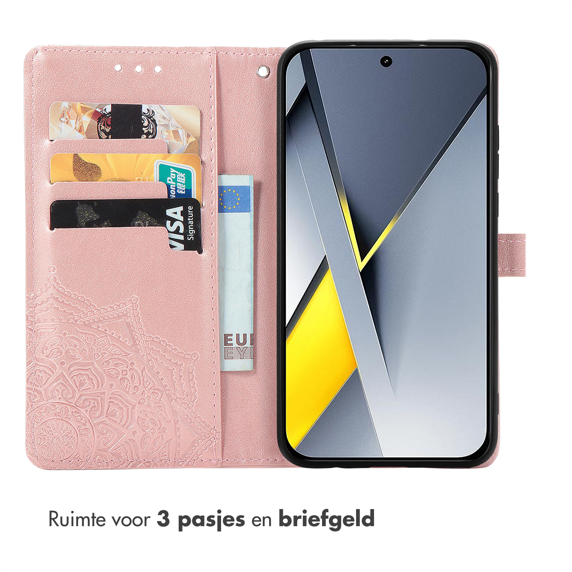 Een roze portemonnee met kaartsleuven en een telefoon met abstracte achtergrond.