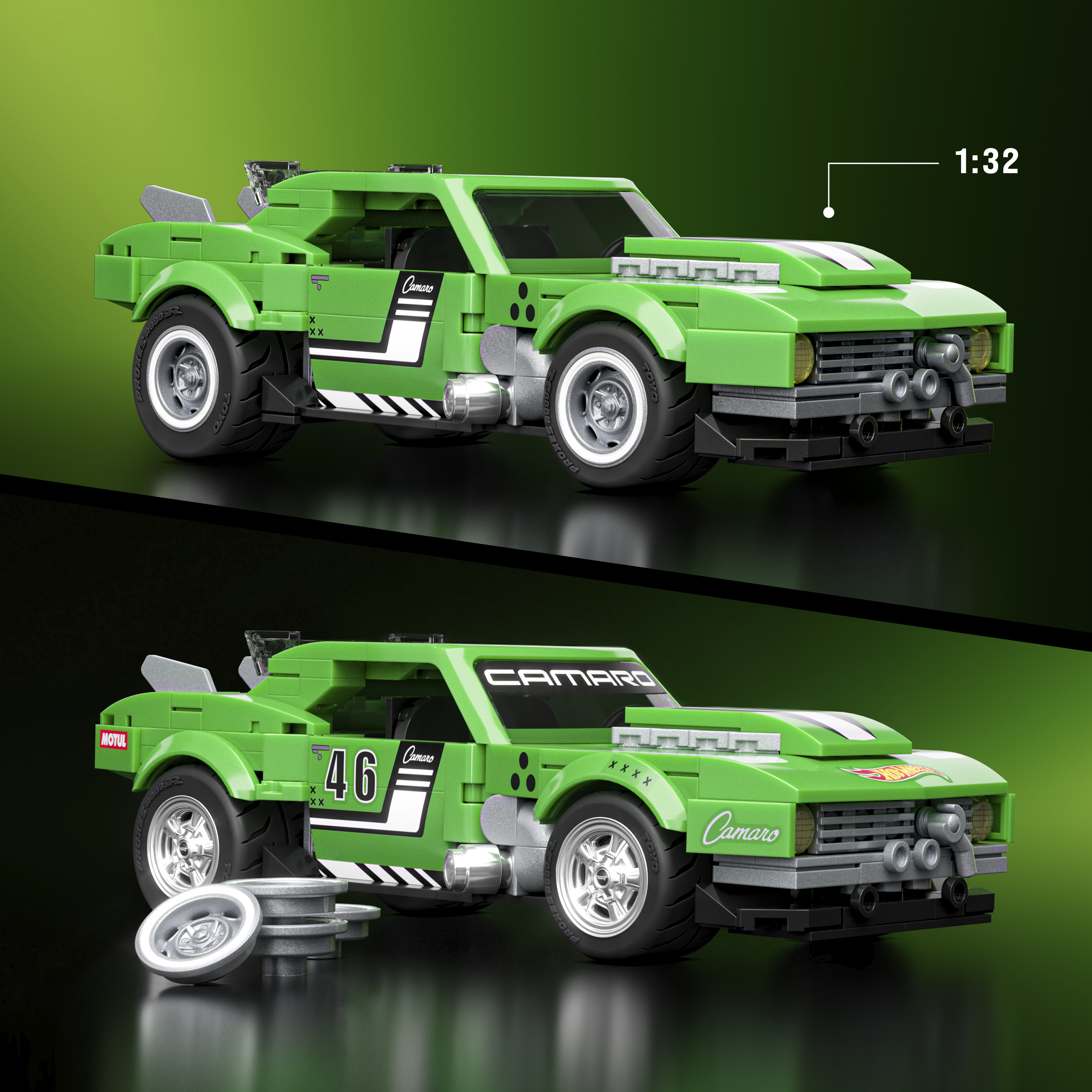 Auto da corsa Lego verde con strisce bianche e numero 46. Ruote di scorta accanto.