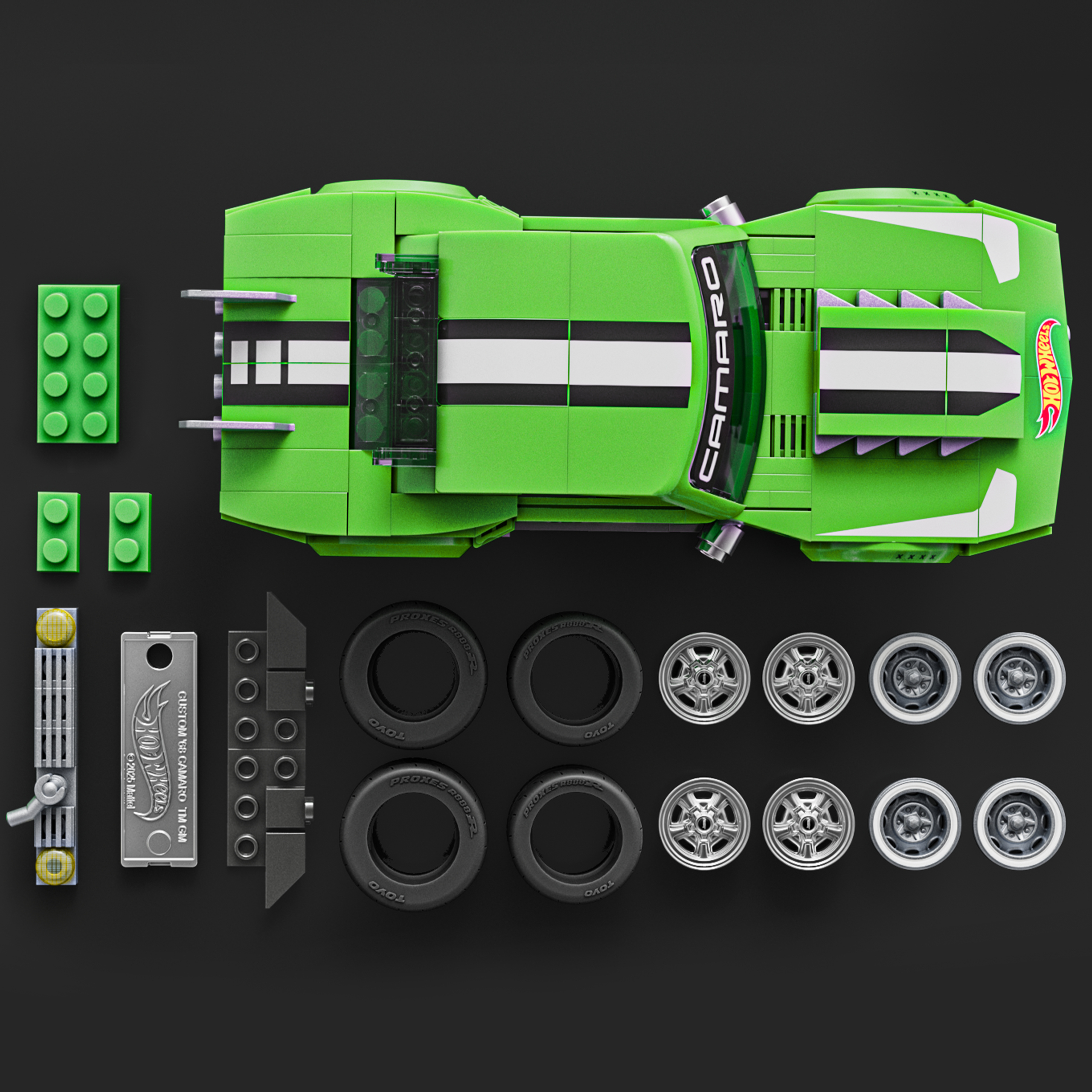 Camaro Lego verde con pneumatici e ruote, smontato.