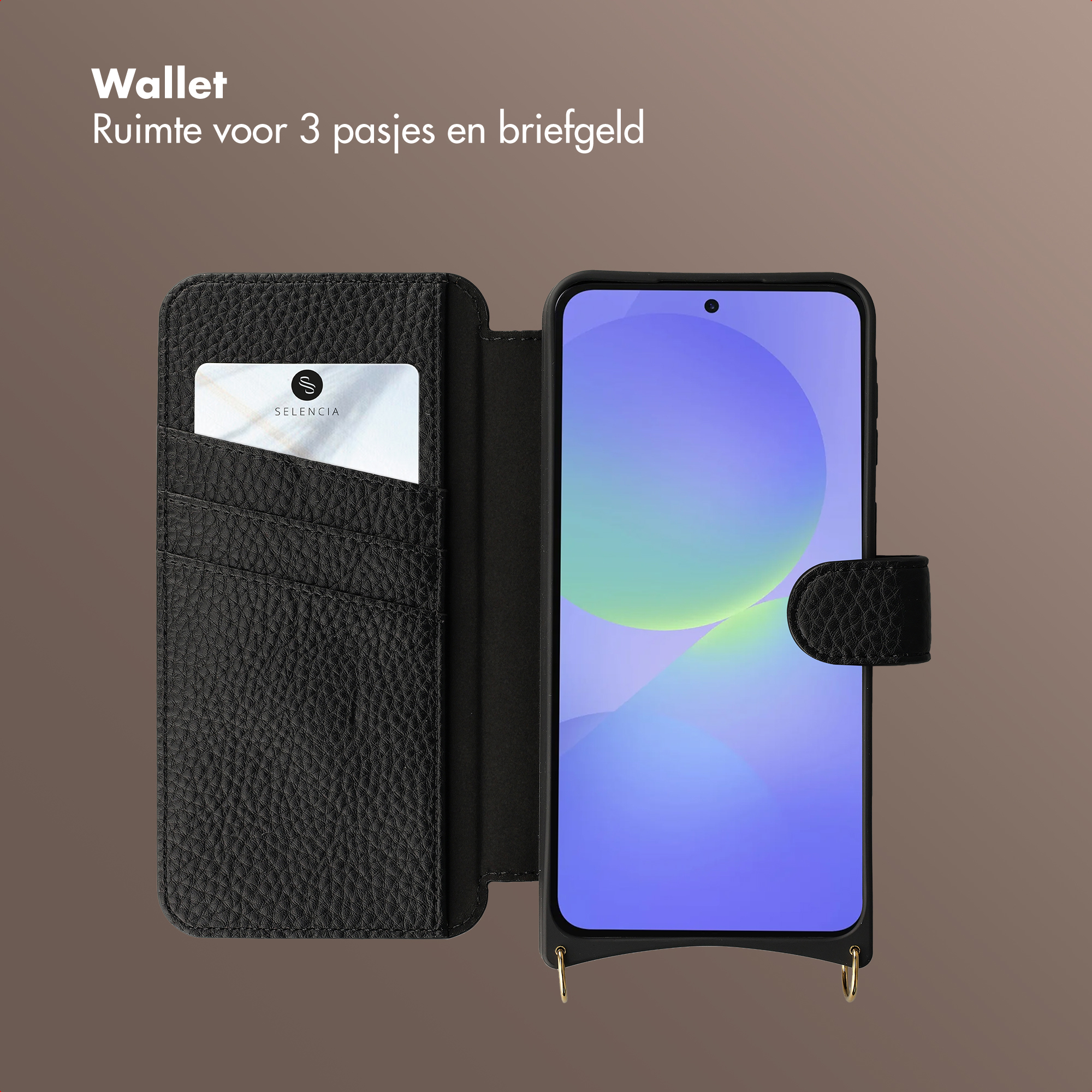 Custodia a portafoglio in pelle nera con slot per carte e telefono. Uno slot per carte è visibile.