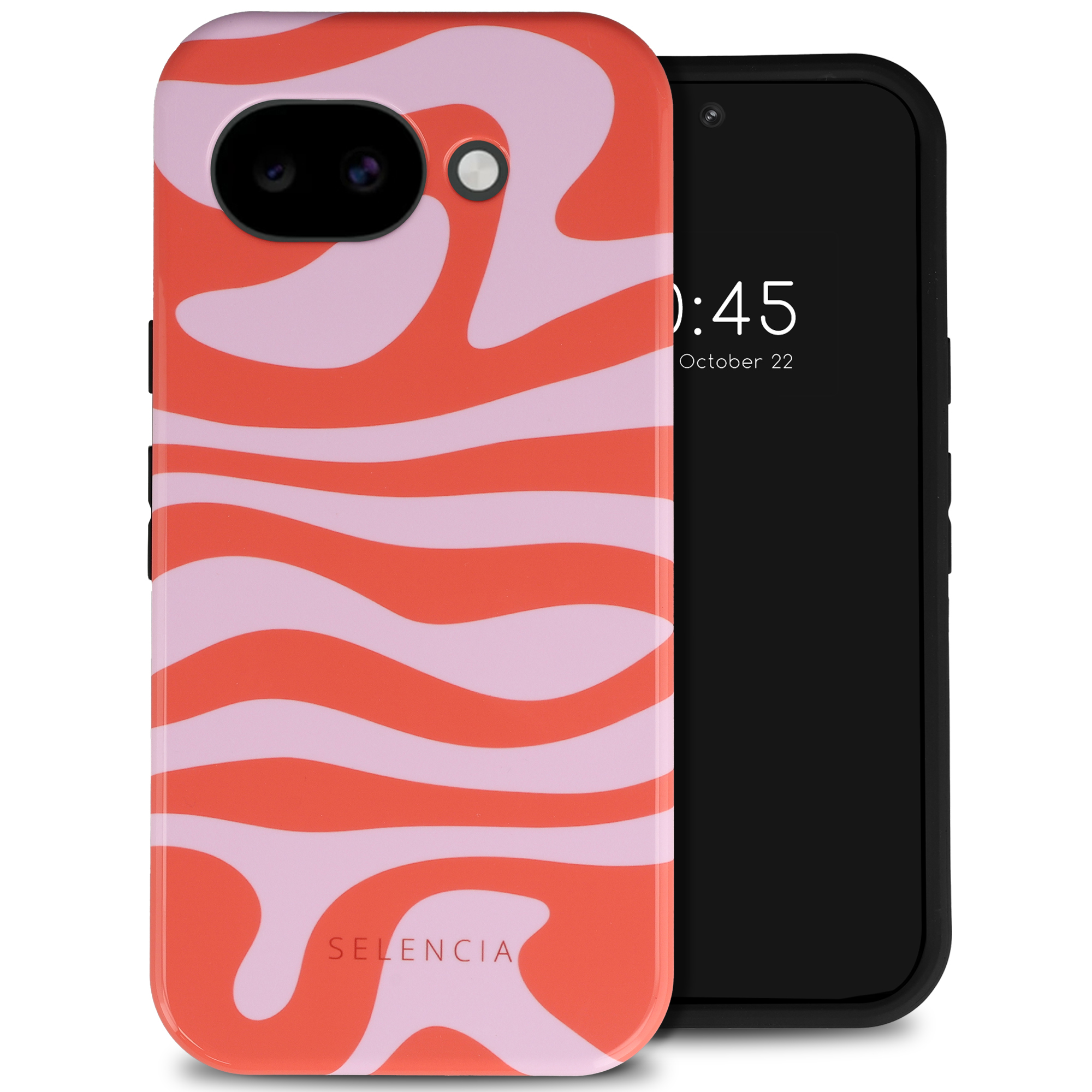 Un smartphone avec une coque à motif ondulé rouge et rose clair.