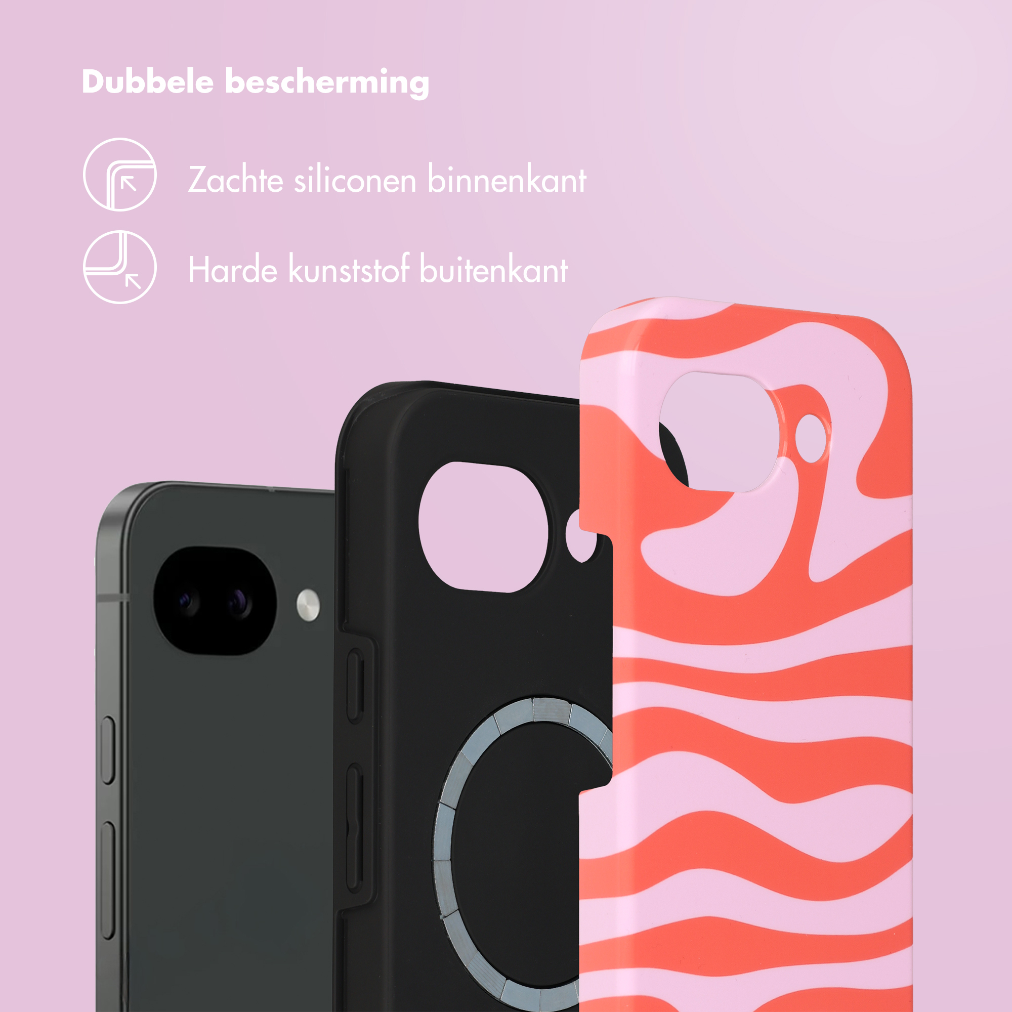 Trois coques de téléphone : une noire, une noire avec MagSafe et une avec des vagues roses et oranges.