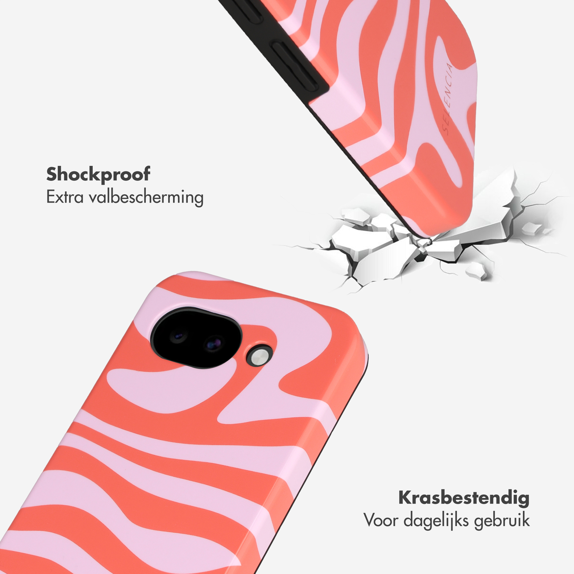 Deux coques de téléphone à motif rouge corail et rose clair traversant une surface fissurée.