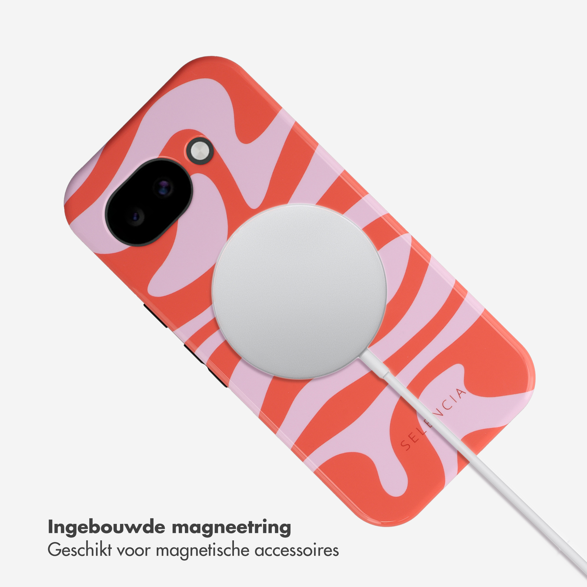 Coque de téléphone rouge et rose à motif abstrait et anneau magnétique.