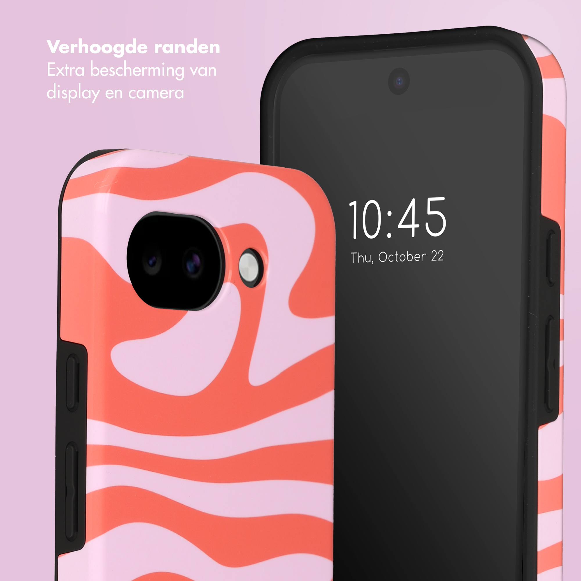 Un téléphone avec un étui à motif ondulé corail et rose clair. Heure 10h45.