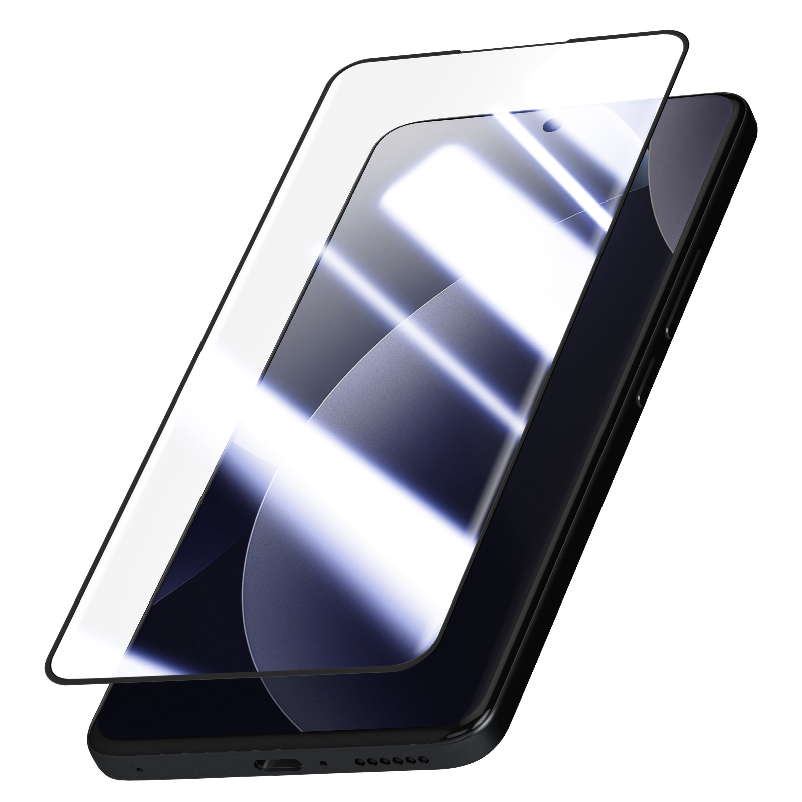 Una protezione per schermo in vetro temperato trasparente fluttua sopra uno smartphone nero.
