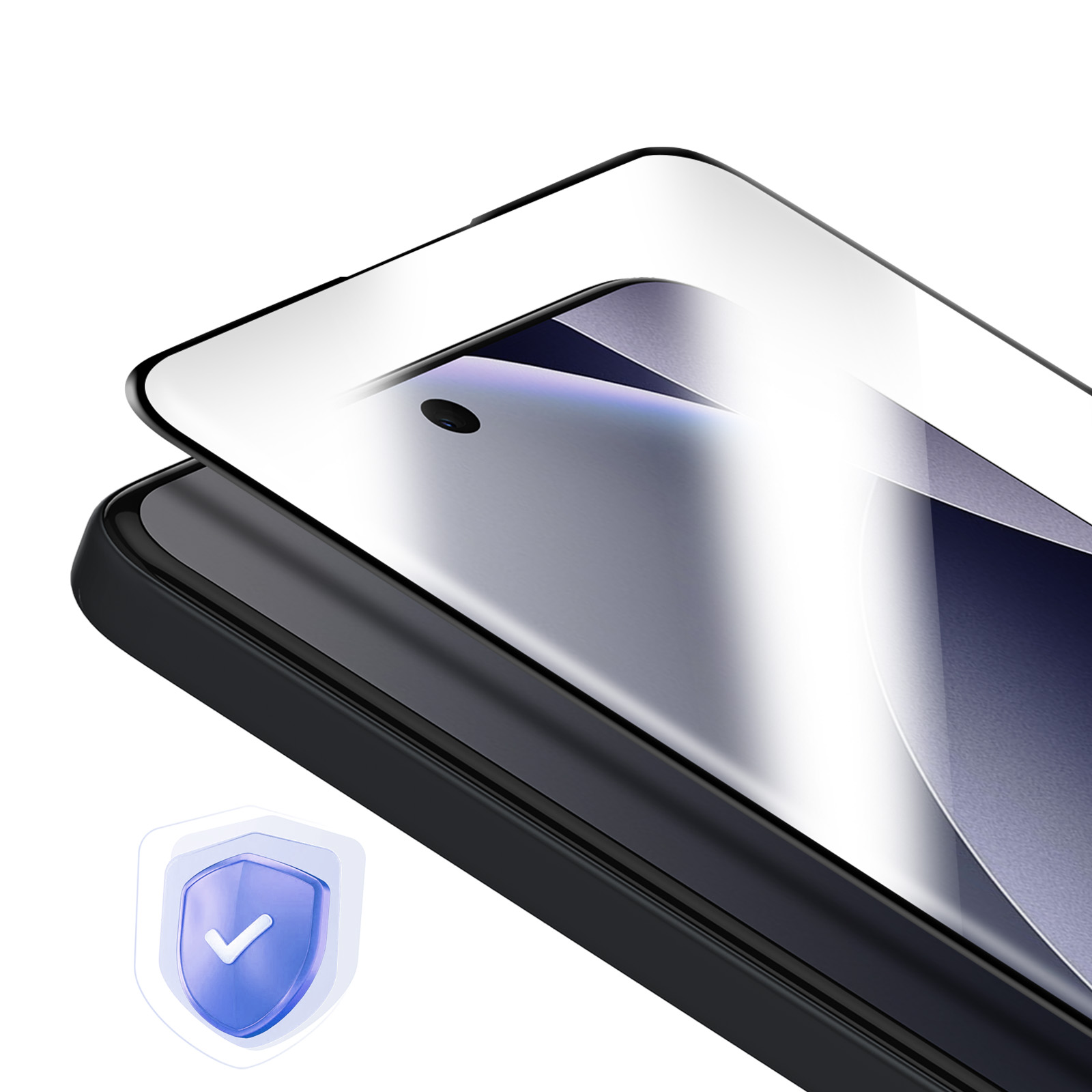 Una protezione schermo trasparente su uno smartphone nero. È visibile un'icona a scudo blu.