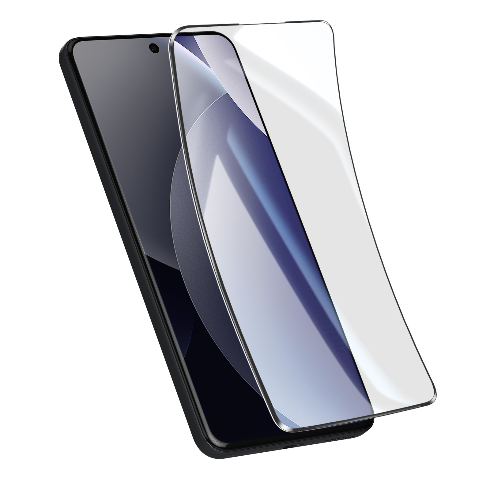 Uno smartphone nero con una protezione schermo trasparente accanto.