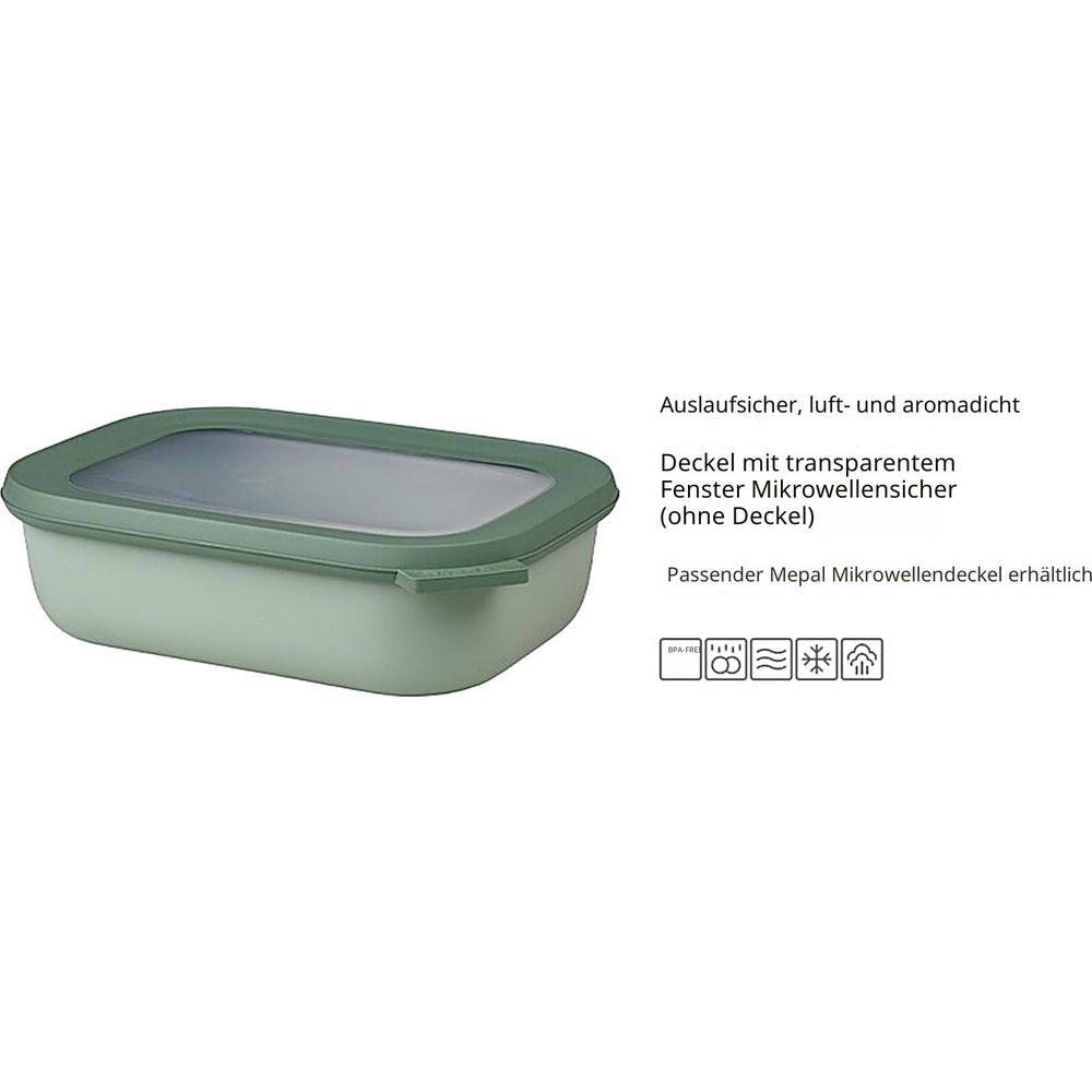 Contenitore verde con coperchio trasparente. Ermetico, adatto al microonde.
