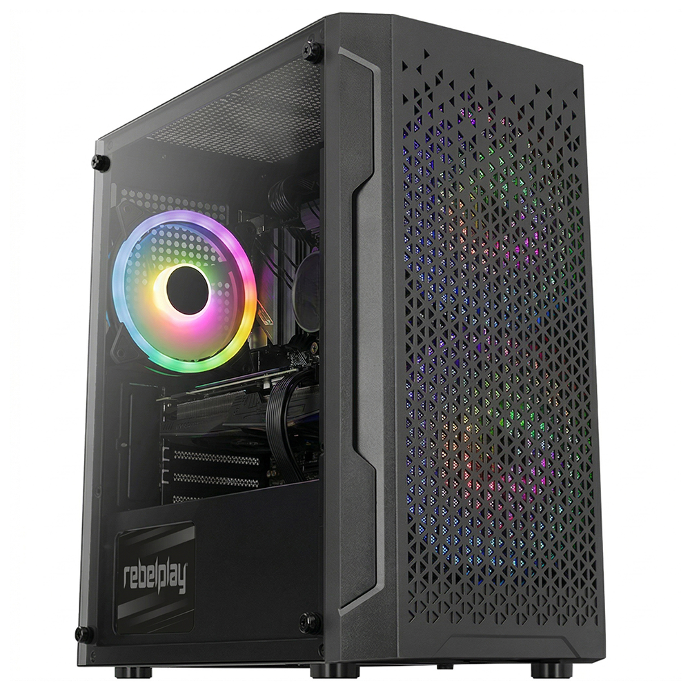 Boîtier PC noir avec fenêtre en verre, montrant un ventilateur RVB et des composants.