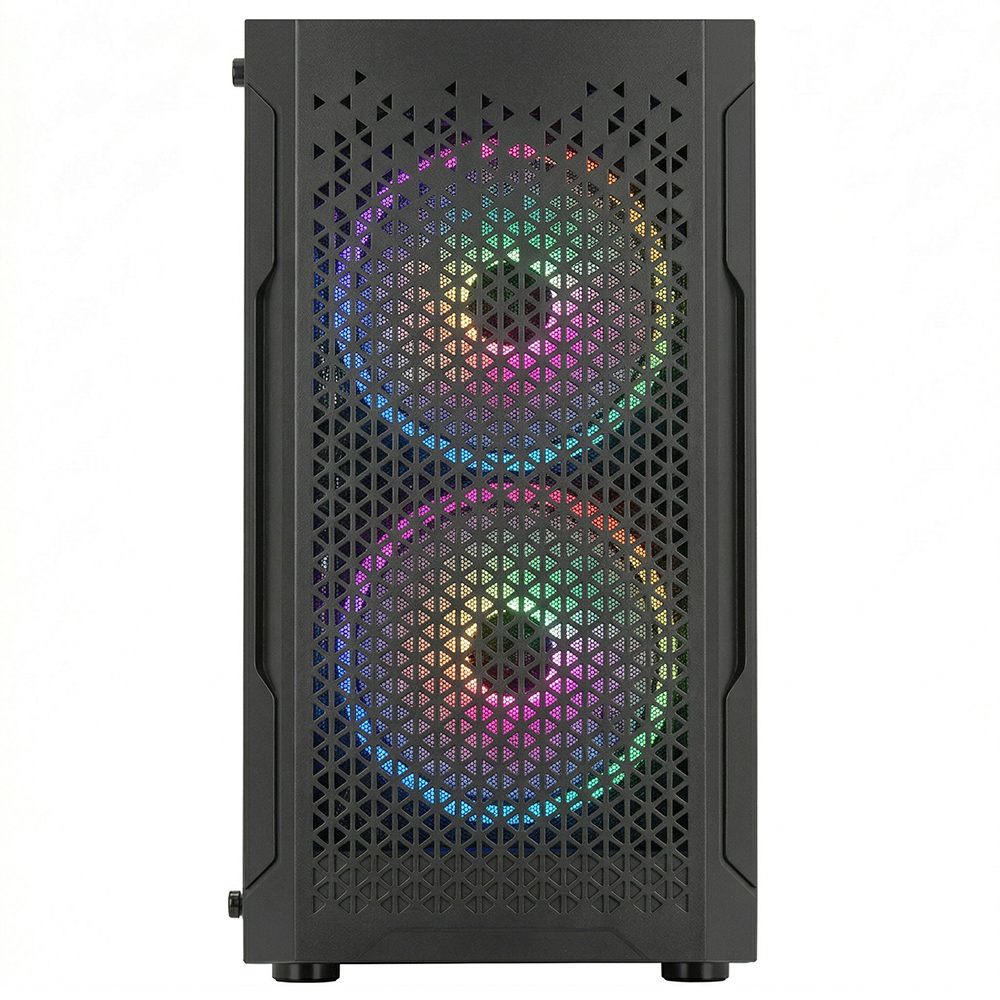 Boîtier PC noir avec deux ventilateurs RGB à l'avant. Fond blanc.