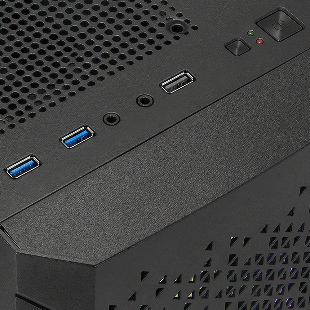 Façade de boîtier d'ordinateur noir avec ports USB, prises audio, bouton d'alimentation et aérations.