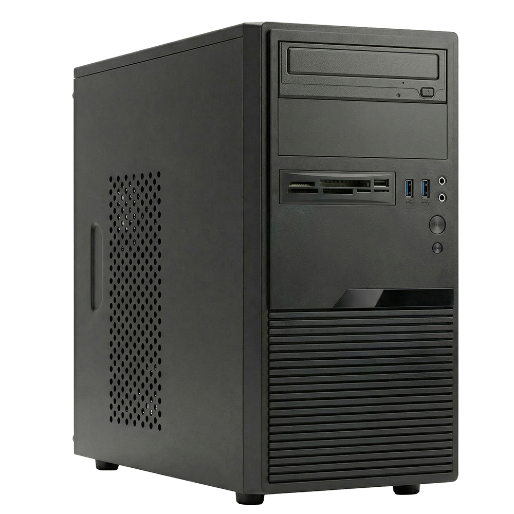 Zwarte computertoren met ventilatieopeningen en poorten.