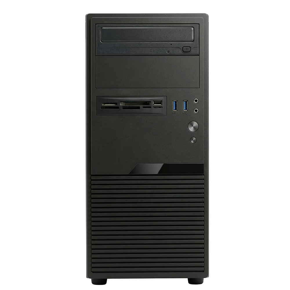 Zwarte computertoren met drive bay, USB-poorten en ventilatiesleuven.