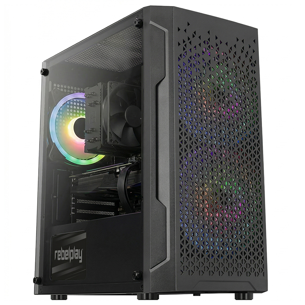 Een zwarte computerkast met glazen zijpaneel en RGB-verlichting, van voren gezien.